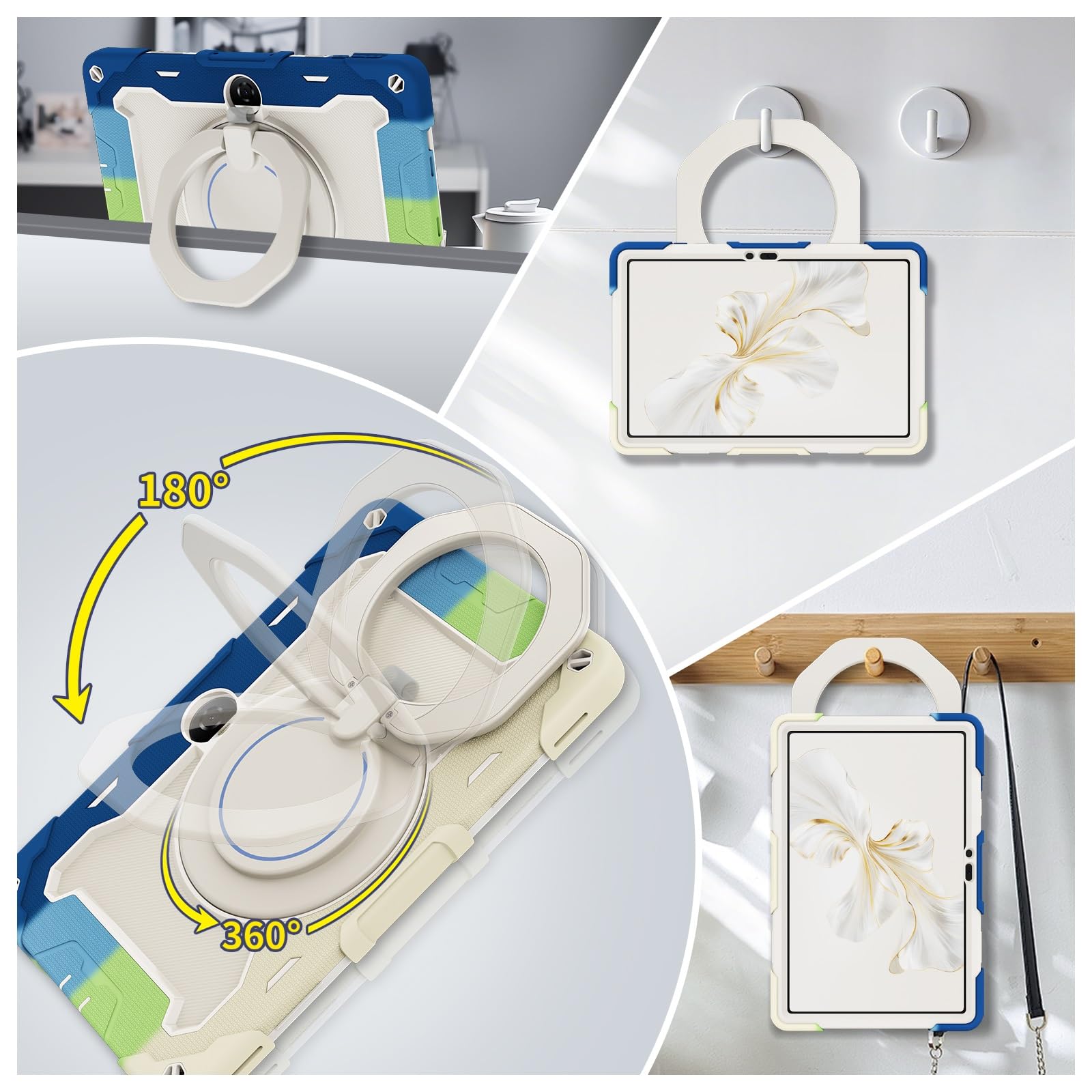 Custodia protettiva resistente per Honor Pad 9 2023 da 12,1 pollici, supporto girevole a 360°, tracolla, portapenne e anello per manico, copertura antiurto, per bambini e adulti (blu bianco)
