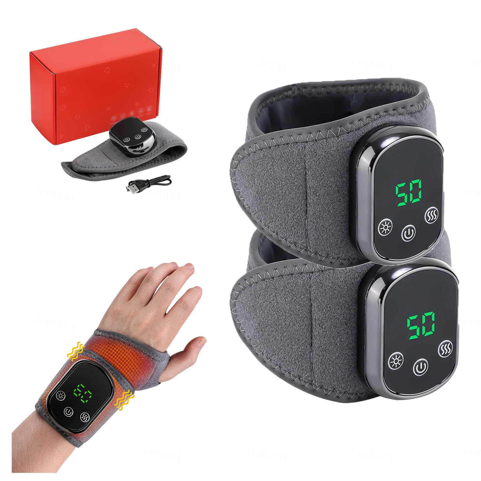 Muñequera Caliente USB para Alivio de Tendinitis y Túnel Carpal Masajeador de Manos Inalámbrico, 5 Temperaturas de Calentamiento 3 Modos de Masaje(2 piezas)