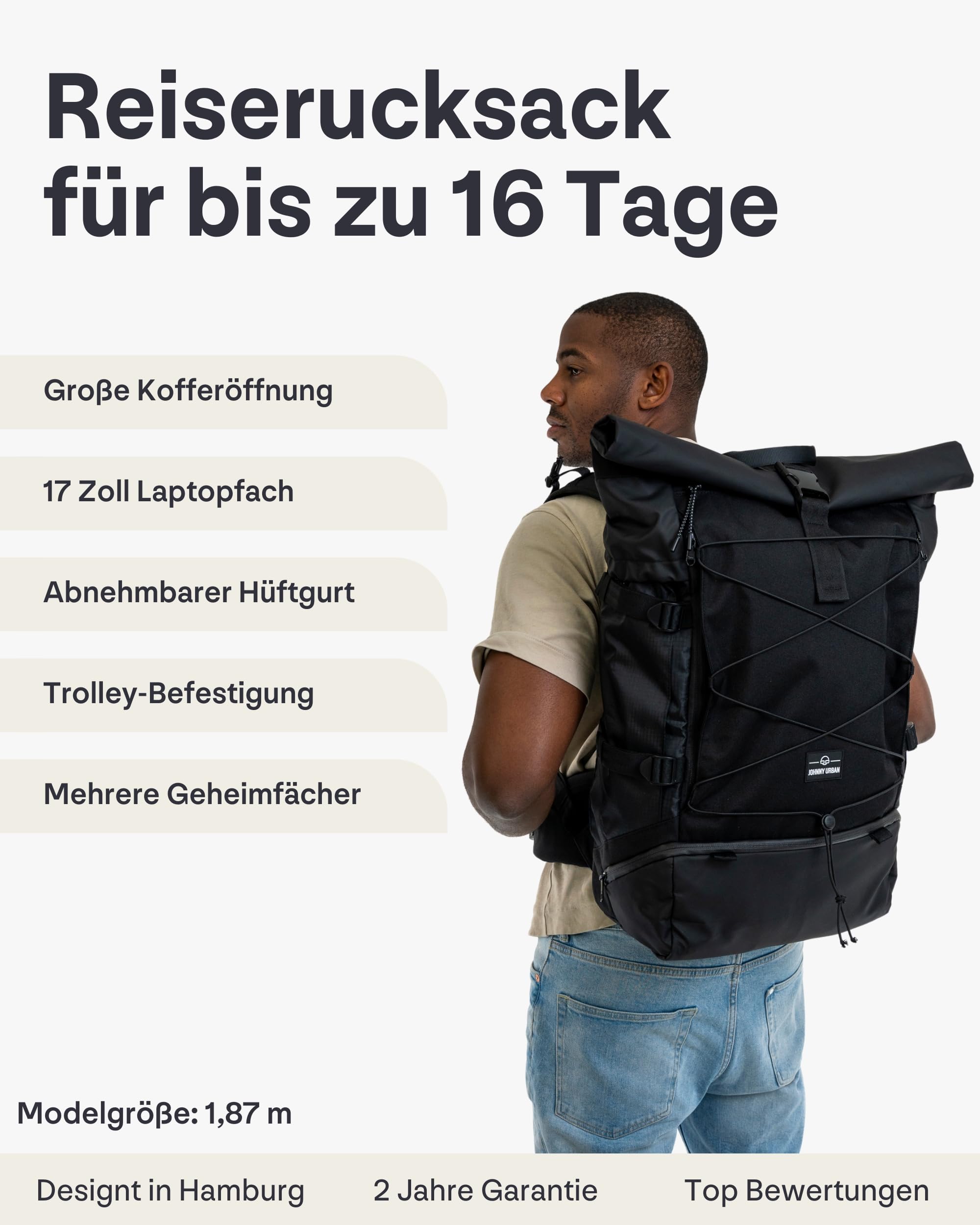Johnny Urban Reiserucksack Damen & Herren Schwarz - Allen Travel XL - 48L Rolltop Rucksack Groß - Idealer Backpack für Reisen Ausflüge Trips - Wasserabweisend