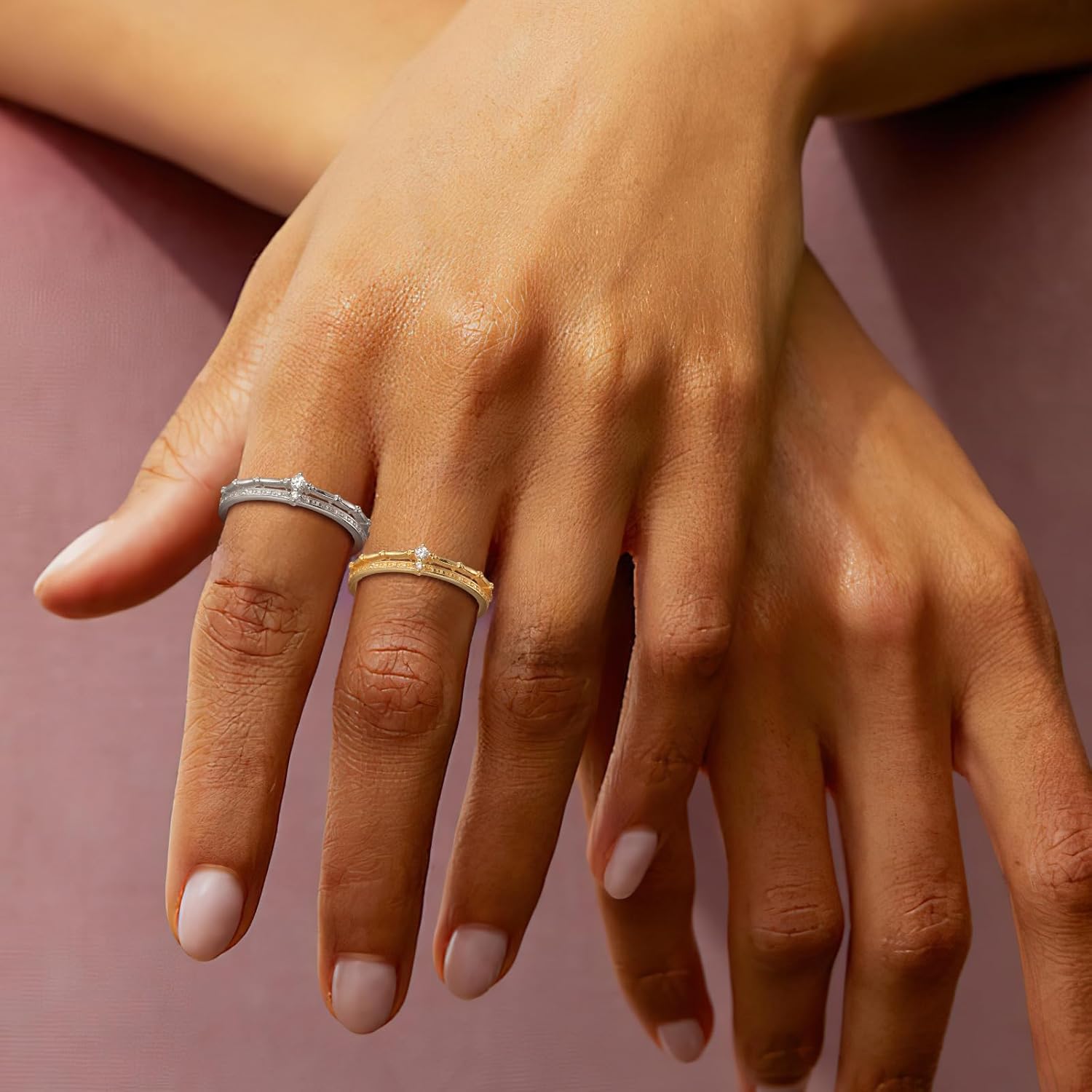 2 Layered Crown Ring for Women,925 Sterling Silver Cubic Zirconia Stackable Princess Crown Tiara Rings to Mother Daughter 14K Gold Plated Dainty Engagement Promise Ring Birthday Wedding Jewelry Size 6-8