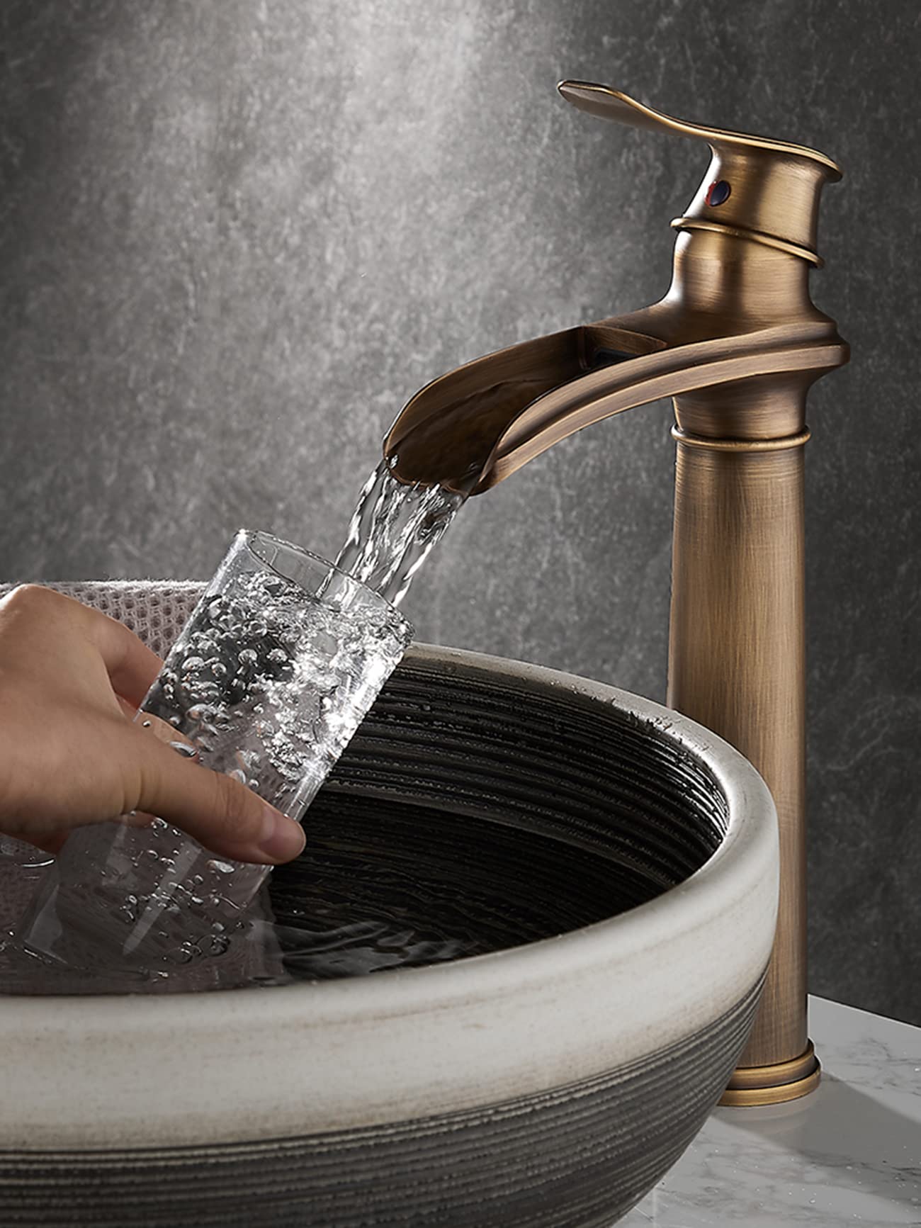 Waschtisch Armatur Wasserfall Schwarz, Retro Hoch Wasserhahn, Mischbatterie Bad (Retro Bronze-Hoch)