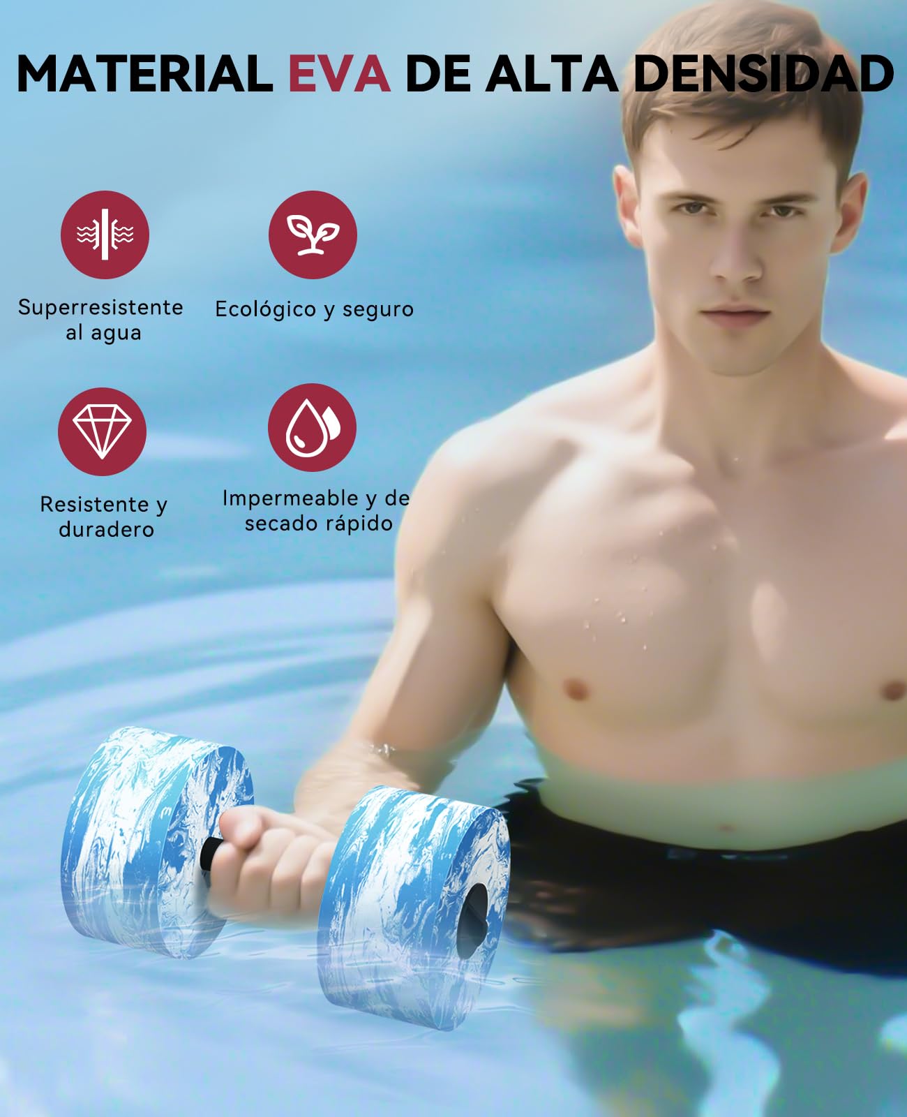 HAPBEAR Juego de 2 mancuernas Aquagym, Mancuernas Piscina, Mancuernas de Espuma EVA para Piscina, Pesas de Agua para Piscina Para Ejercicios De Yoga Acuático