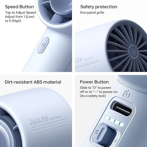 Miniatura 6 de JISULIFE Ventilador de mano portátil, mini recargable de 4000 mAh, hasta 22 horas de refrigeración, viento fuerte de 5 velocidades, ventilador