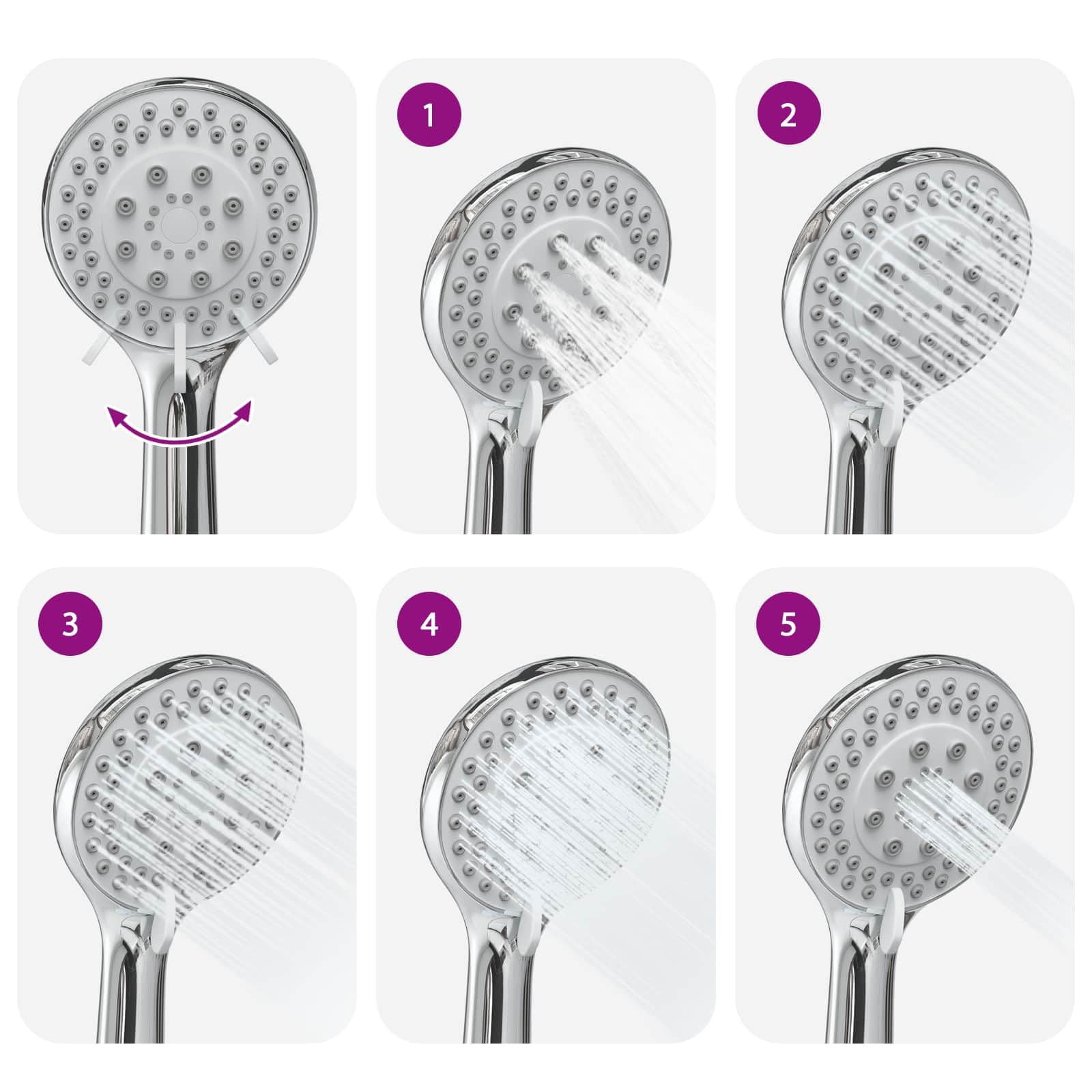 Juego de alcachofa de ducha cromada de acero inoxidable de 150 cm, 5 tipos de chorro con ducha de mano, ducha de lluvia, montaje en pared para ducha, baño, cabina, protección antical y