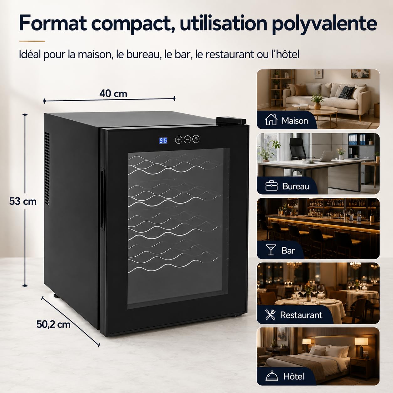 Cave à Vin 20 Bouteilles 48 L Réfrigérateur à Vin avec Température Réglable 12-18 °C, Porte en Verre Trempé, Lumière LED Bleue