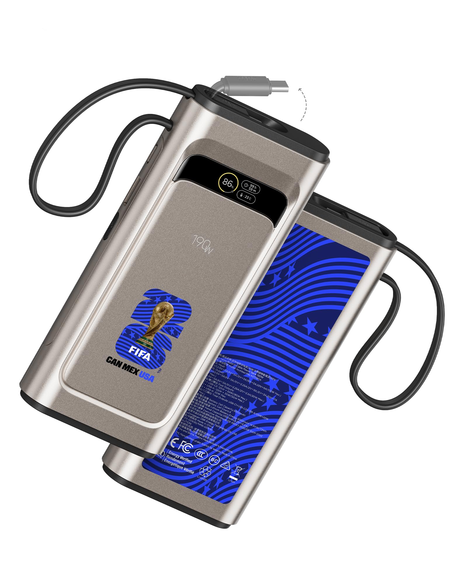 Power Bank con licenza FIFA 2026, 190 W, 20000 mAh, per laptop, caricabatterie portatile, 3 porte USB-C PD, ricarica rapida, con cavo USB-C integrato per MacBook, telefoni cellulari, iPhone, iPad