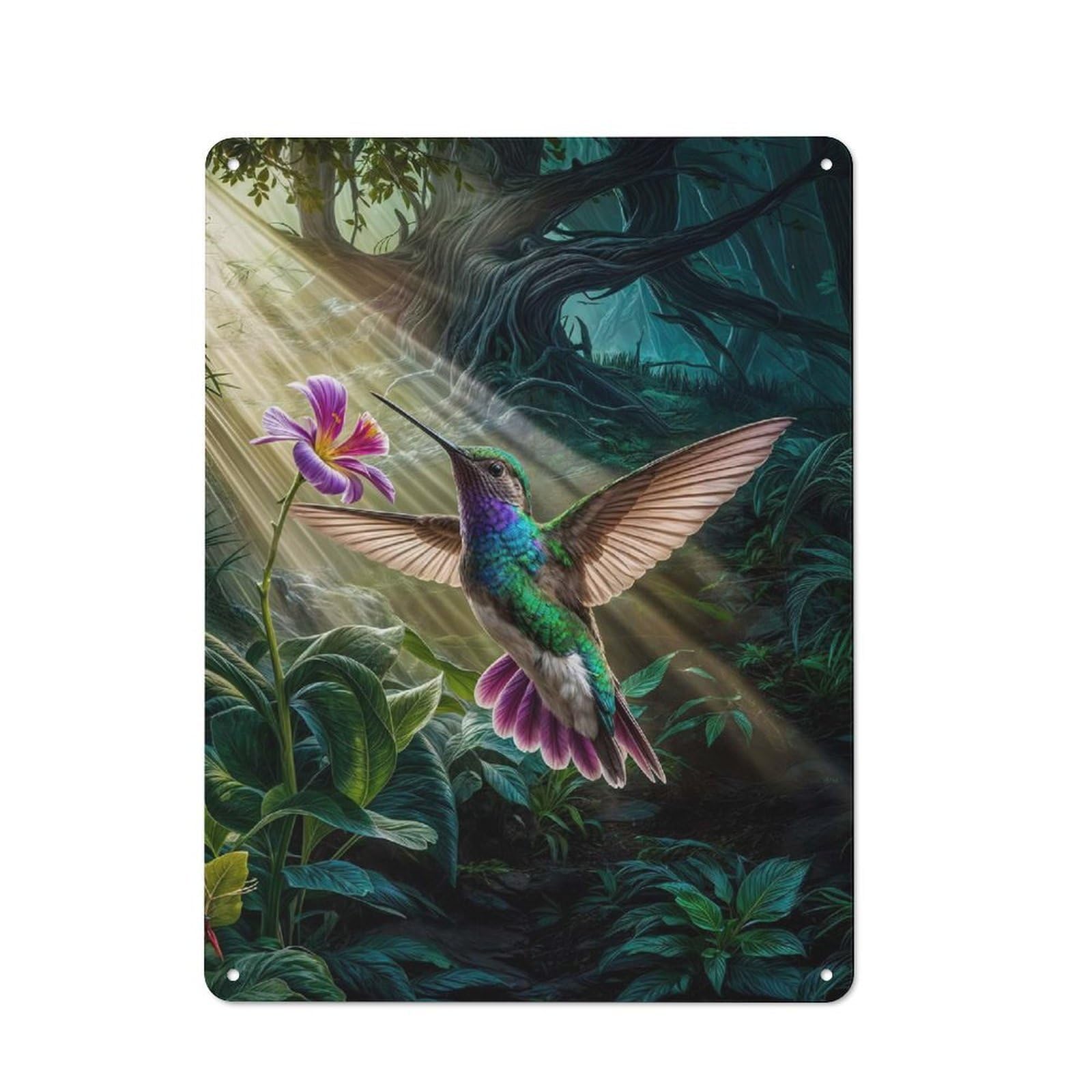 Hummingbird in Sunlight Metal Wall Sign 40x30cm, Loft Style Urban Room Decor for Flat, Bar, Studio Or Gallery Wall