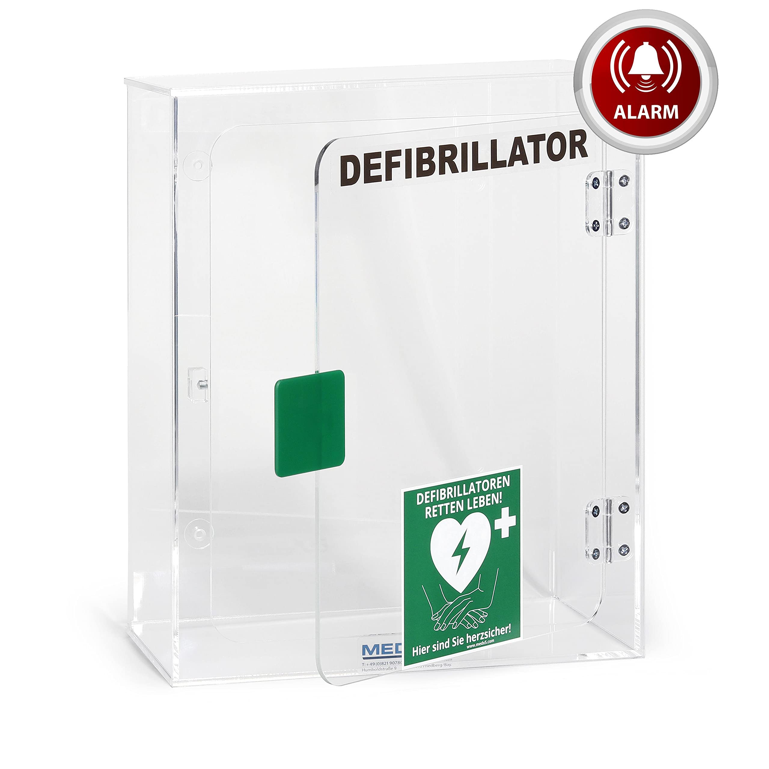 MedX5 Teca per Defibrillatore, Armadietto per Defibrillatori, Uso Interno con Allarme (95db), Adatto a tutti i Defibrillatori, Made in Germany