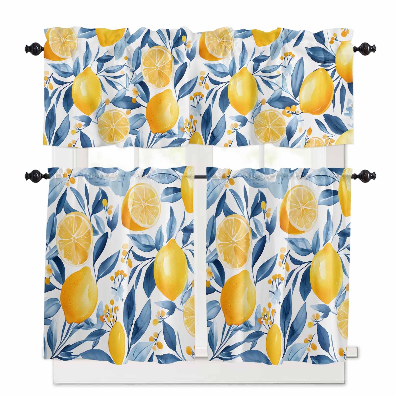 Summer Lemon Kitchen Curtains 36 Inch Length,3 Piece Rod Pocket Small Half Tiers and Valance Set,Spring Pastoral Watercolor Fruit Blue Yellow Small Large Window Treatment Decor for Bedroom/Bathroom