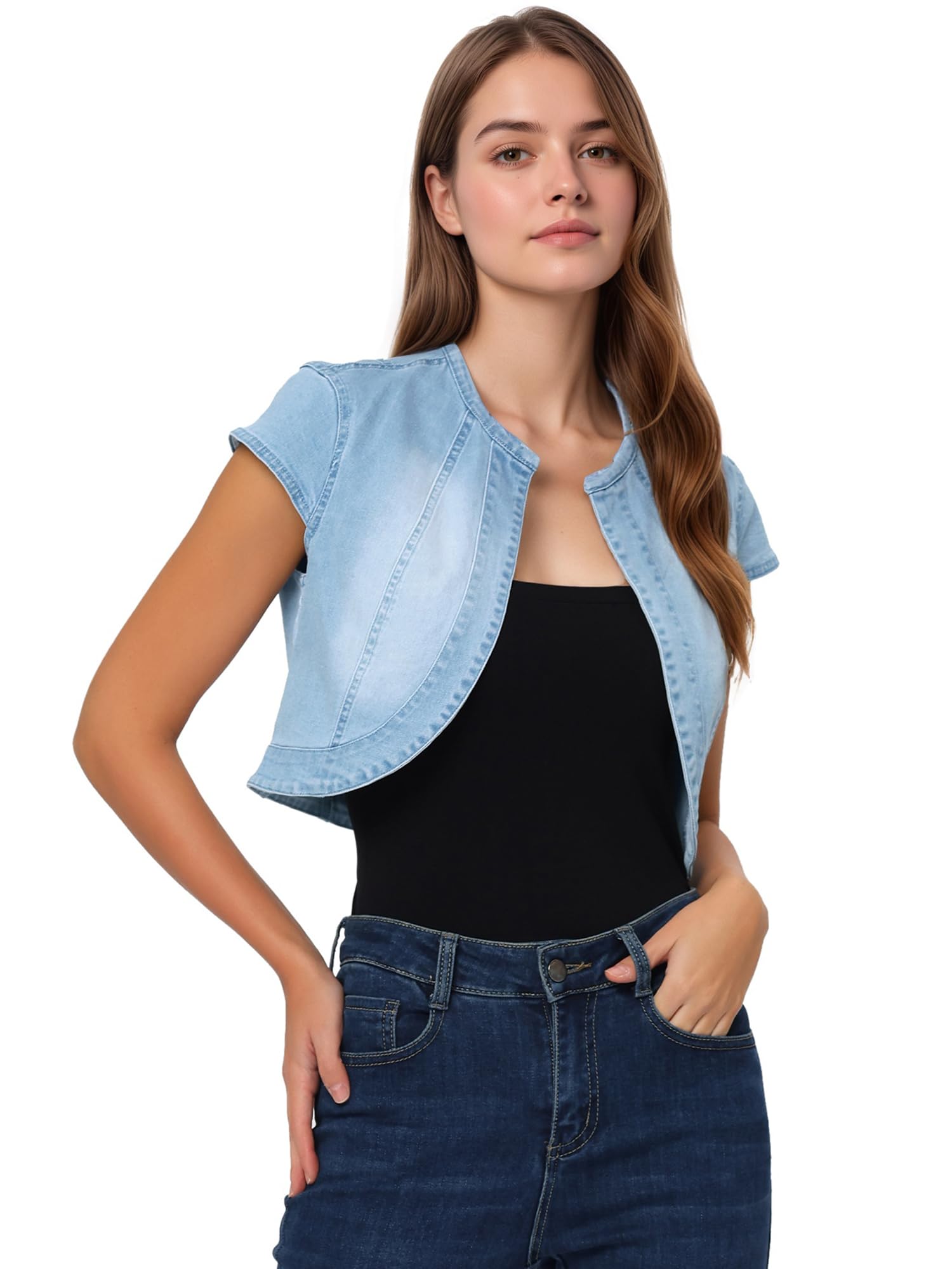 Allegra K Damen Kurz Jeansjacke Bolero Kurzarm Flügelärmeln Elegant Crop Denim Jacke