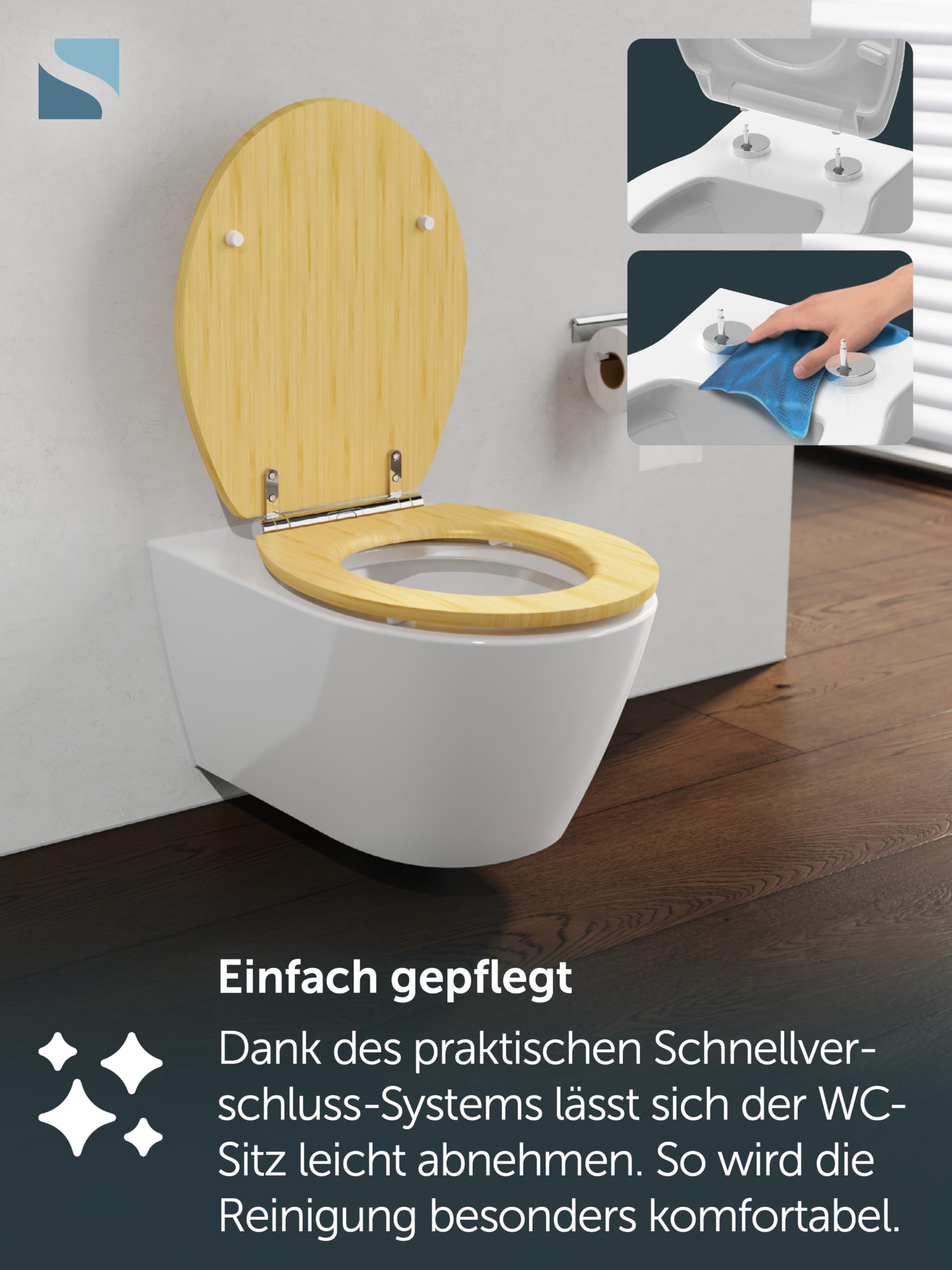 SCHÜTTE WC Sitz mit Absenkautomatik & Schnellverschluss | Abnehmbarer Toilettendeckel Holz zur Reinigung | Nachhaltige Klobrille mit Deckel | Klositz Einfache Montage | Bambus
