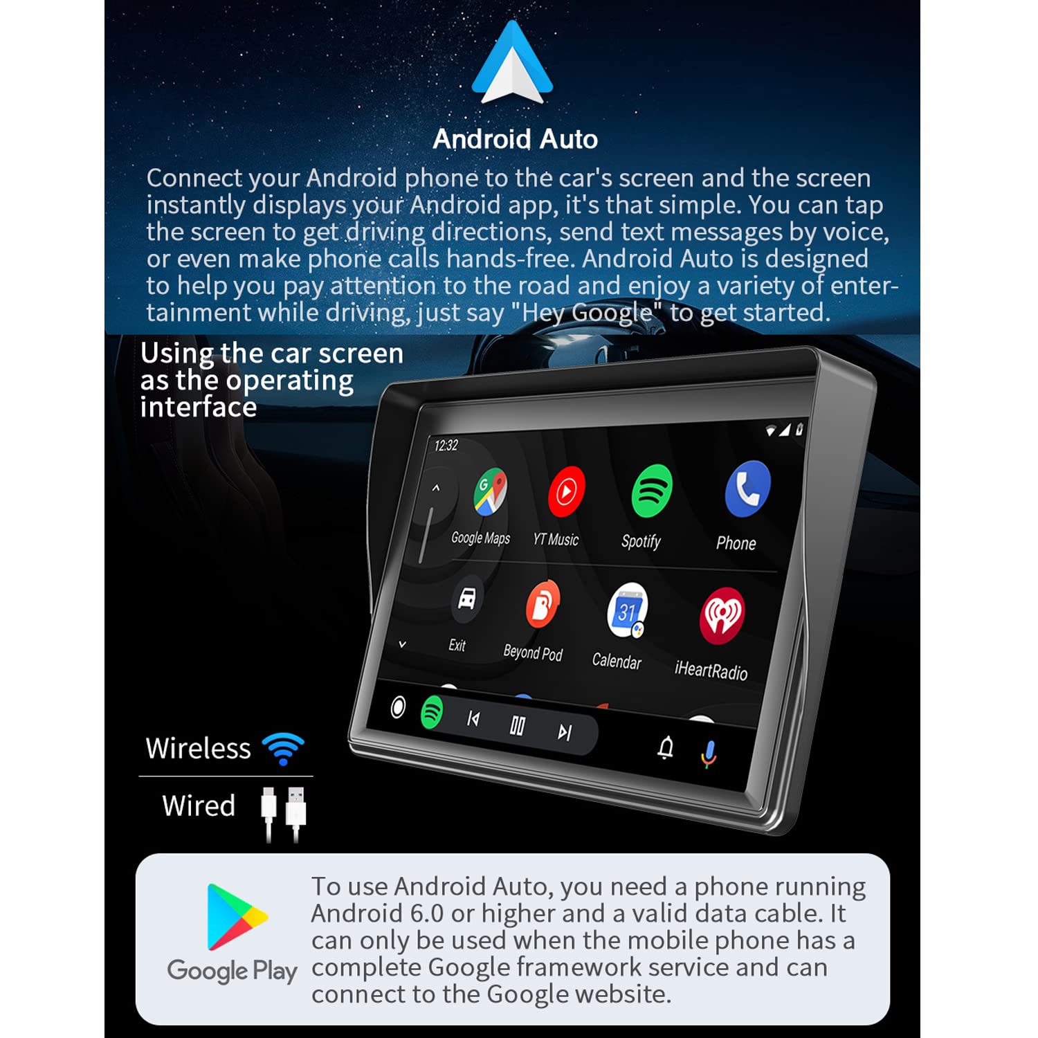 Compatible for monitor portatile per auto wireless Carplay Android Auto, autoradio portatile 7" touchscreen con Mirror Link Trasmettitore FM Bluetooth Porta scheda AUX / USB / TF Telecomando 9V-36V