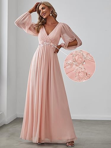 Vista 3 de Ever-Pretty Vestido de noche formal de gasa con cuello en V y mangas largas hasta el suelo fruncido de gasa de una línea 00461