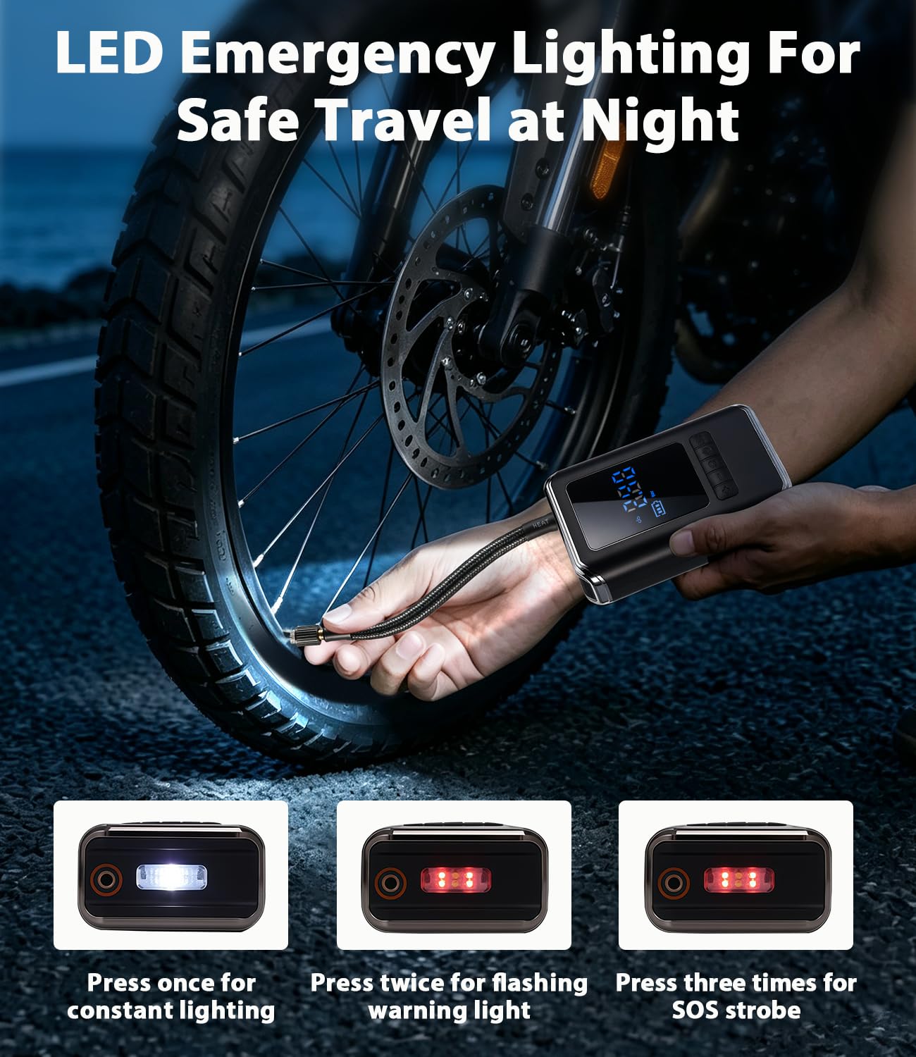 Mini pompe à vélo électrique, 130 psi, avec débit d'air maximal de 30 l/min, batterie USB-C (4000 mAh), arrêt automatique, manomètre, idéale pour vélo de route, VTT, moto avec valves Presta/Schrader