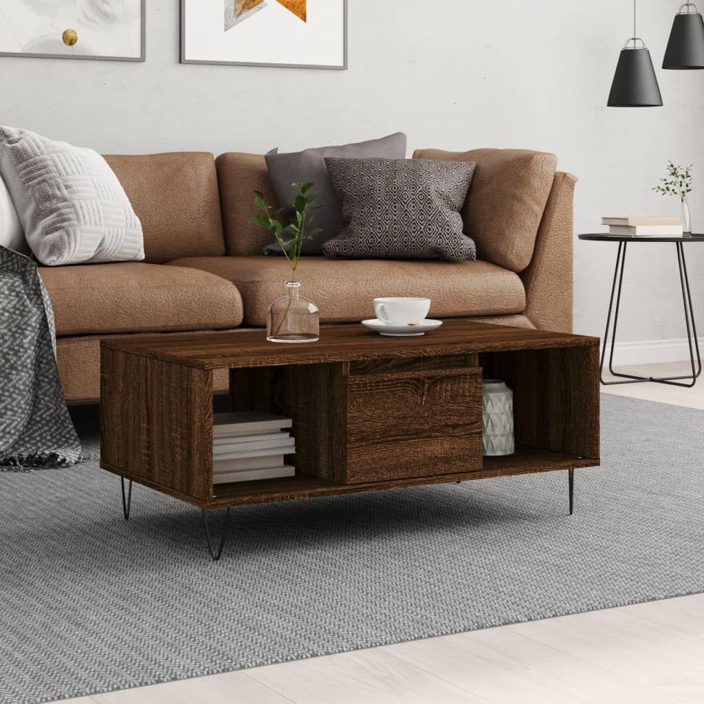 Table basse chêne marron 90cm avec tiroir de rangement et niches ouvertes