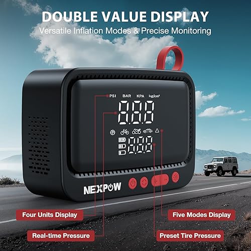 Miniatura 7 de NEXPOW Compresor de aire portátil N19 Plus - Bomba de aire para neumáticos de automóvil, luz LED y función de apagado automático, bomba inalámbrica