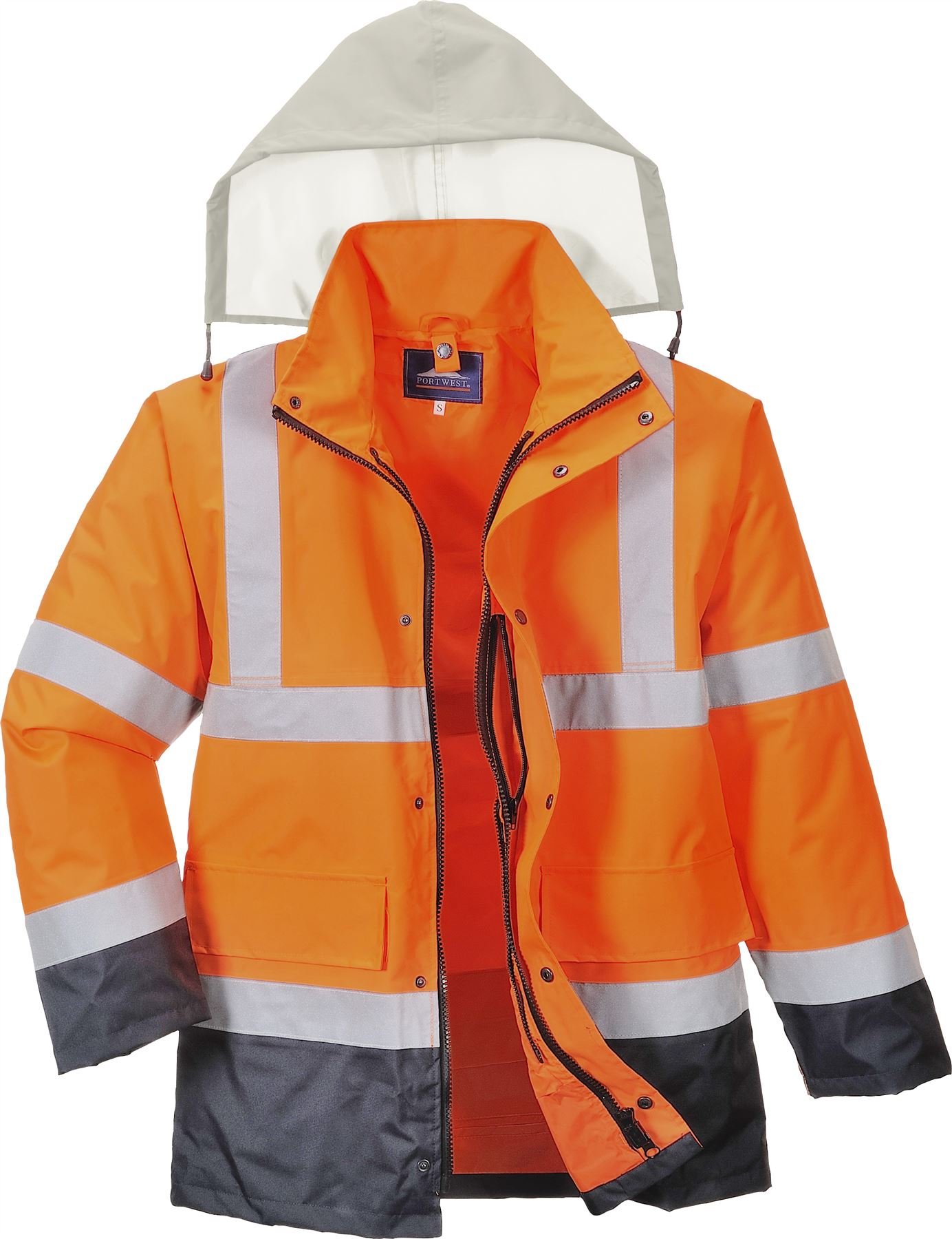Portwest S471 4-in-1 Arbeitsjacke 8 Taschen Verstaubare Kapuze Druckknopf | Gelb/Marine, 2XL, EN ISO 20471 Klasse 3, UPF 40+, 300D Oxford, 100% Polyester, Elastische Bündchen, Langarm