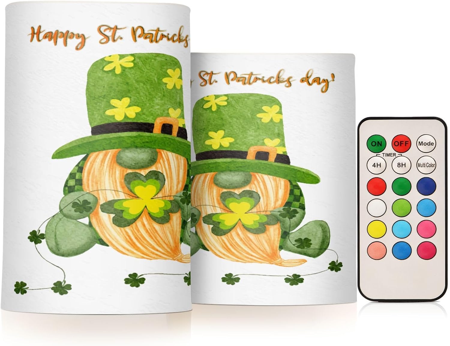 ALAZA St Patrick Day Gnomes Four Leaves Clover Flickering Flameless Candles Battery Operated with Remote Timer,Tea Light Candles LED Pillar Votive Candles Set of 2 for Outdoor Indoor Decorations