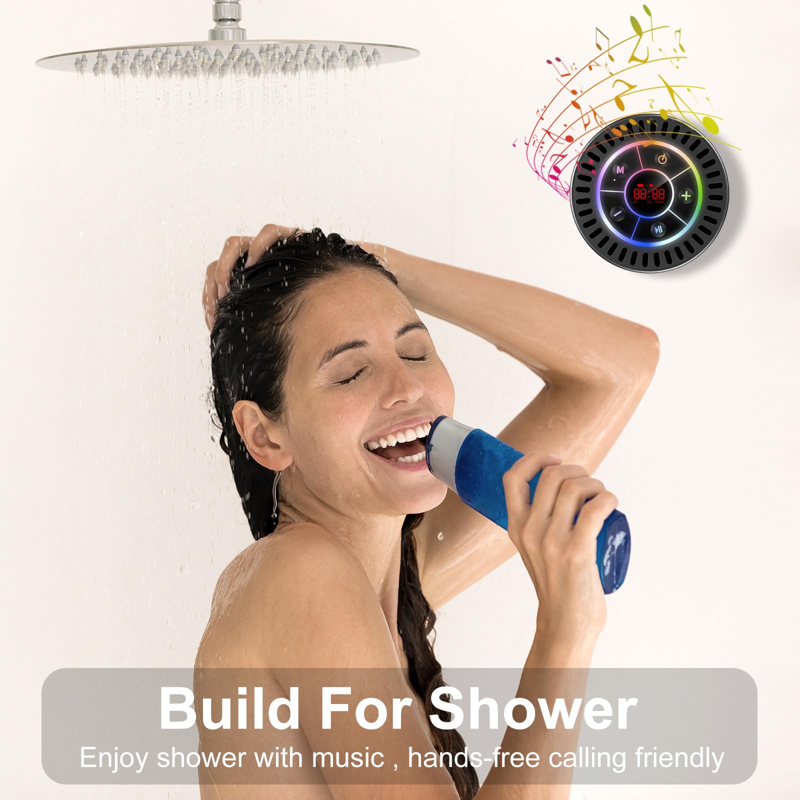 Docooler IPX7 Waterproof Speaker, Bluetooth Portable Wireless Shower Speakers with LED Display, FM Radio, Suction Cup, Light Show, FM Radio, Suction Cup, Light Show - Black