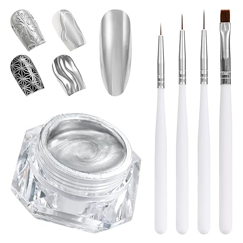 Gel de pintura metálica de 0.3 fl oz, esmalte de uñas de gel pintado en plata, esmalte de uñas de espejo, gel de pintura de metal 3D con 4 pinceles disponible en Yaxa El Salvador