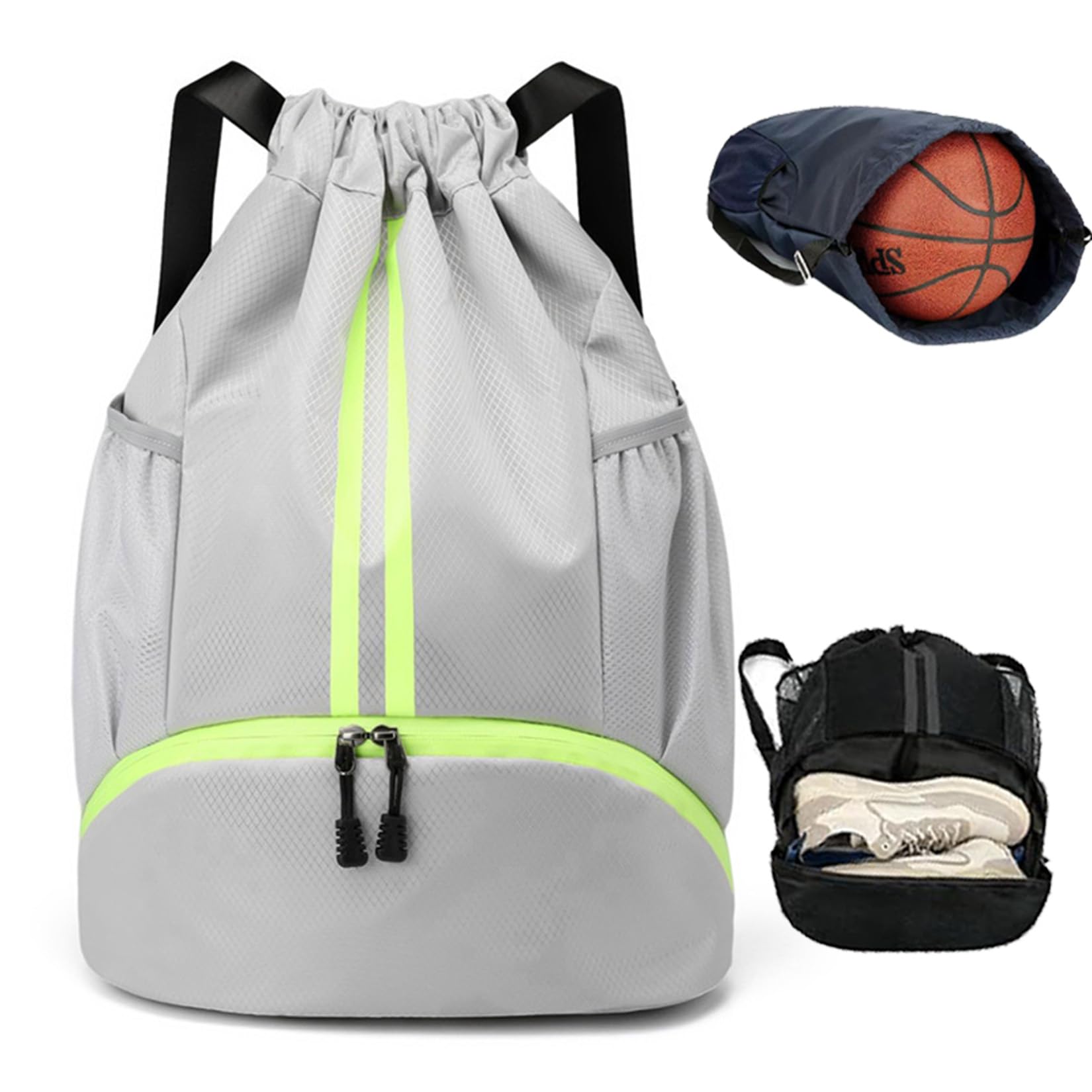RubyTint Drawstring Gym Bag-Waterproof Sports Backpack with Shoe Compartment and Wet Dry Separation, Large Unisex Swimming Bag with Mesh Fabric and Adjustable Shoulder Straps (Grey)