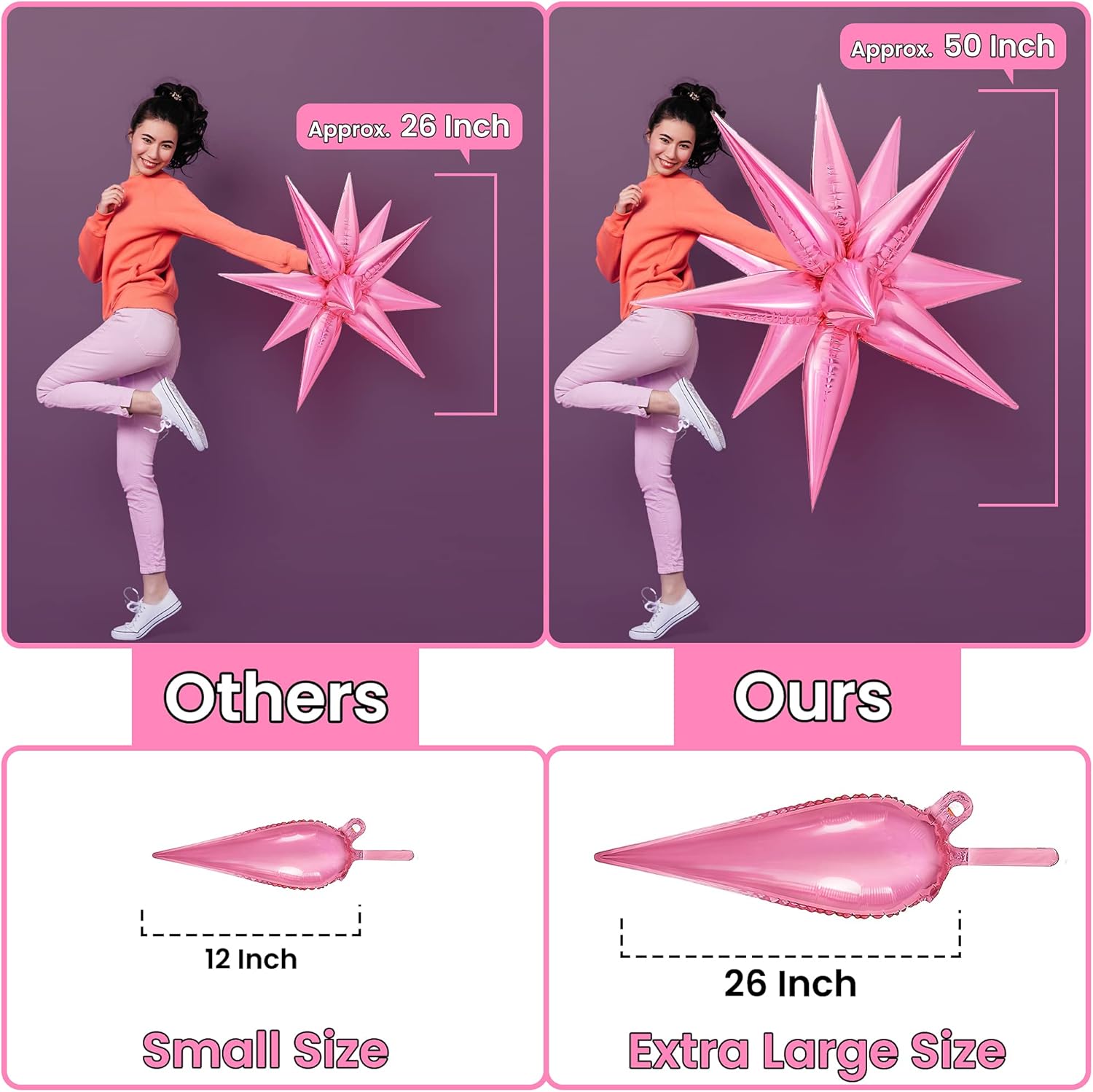 Katchon, Large Pink Star Balloons - 50 Pieces, 26 Inch | Pink Starburst Balloon | pink Spike Balloons for Baby Shower Decorations | Metallic pink Balloon for Bachelorette, Sweet 16 Party Deorations