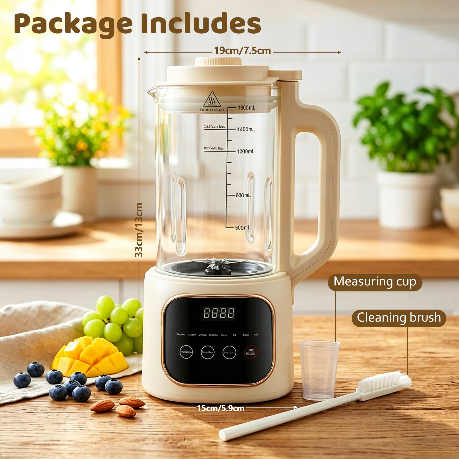 Máquina automática de leche de soja, máquina de leche de nueces de 1600 ml con 20 cuchillas, pantalla LED, temporizador de 24 horas, función de autolimpieza, para leches vegetales caseras como soja