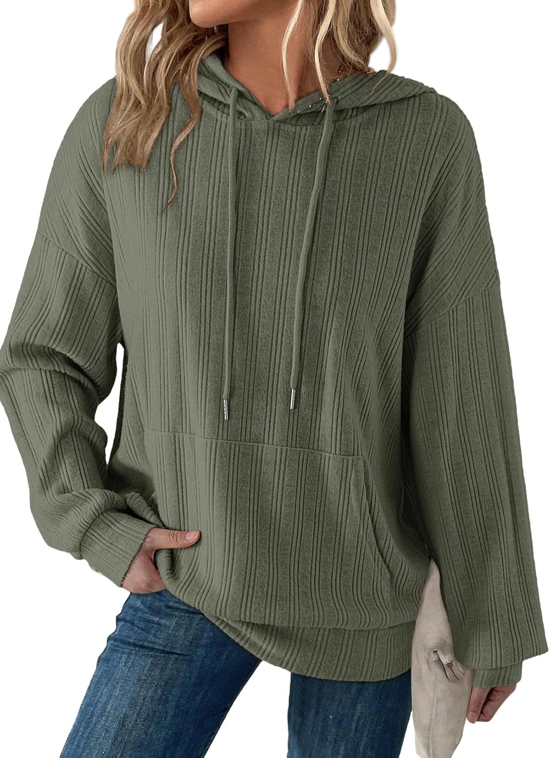 Dokotoo Hoodies for Women Casual Long Sleeve Textured Knit Loose Drawstring Hooded Sweatshirt with Pocket