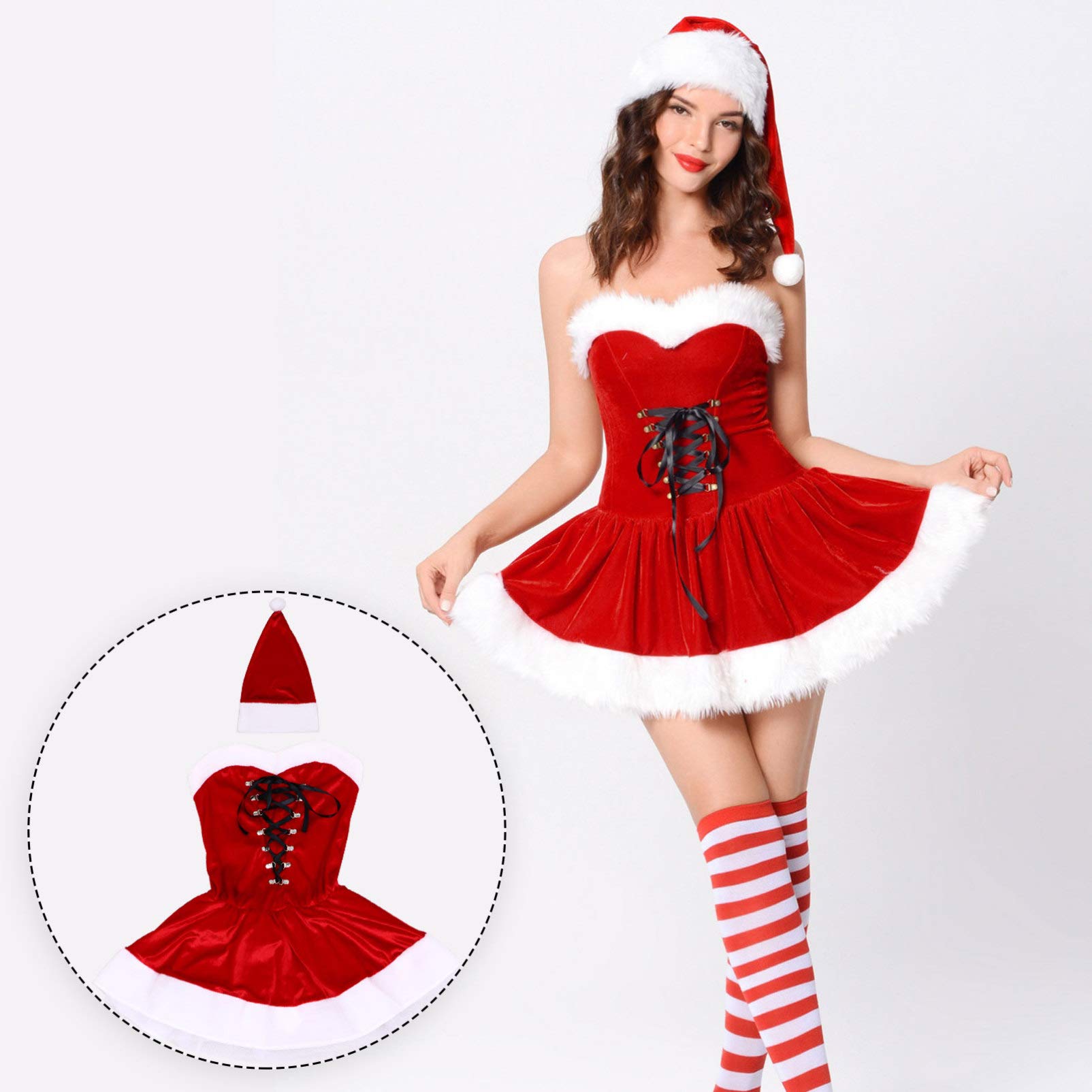2 Pezzi Costume da Babbo Natale Costume da Donna Natalizio Vestito da Donna E Berretto da Babbo Natale in Peluche per da Spettacolo per Feste Natalizie ()