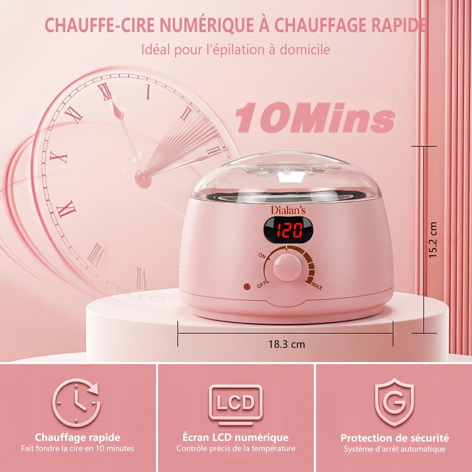 Chauffe Cire Epilation, Kit D'épilation à la cire Avec Affichage numérique Chauffe-cire, Silicone Bol, Perles Dure Pour le visage/Bras/Jambe/Bikini, Tous Les Types de Cheveux - rose