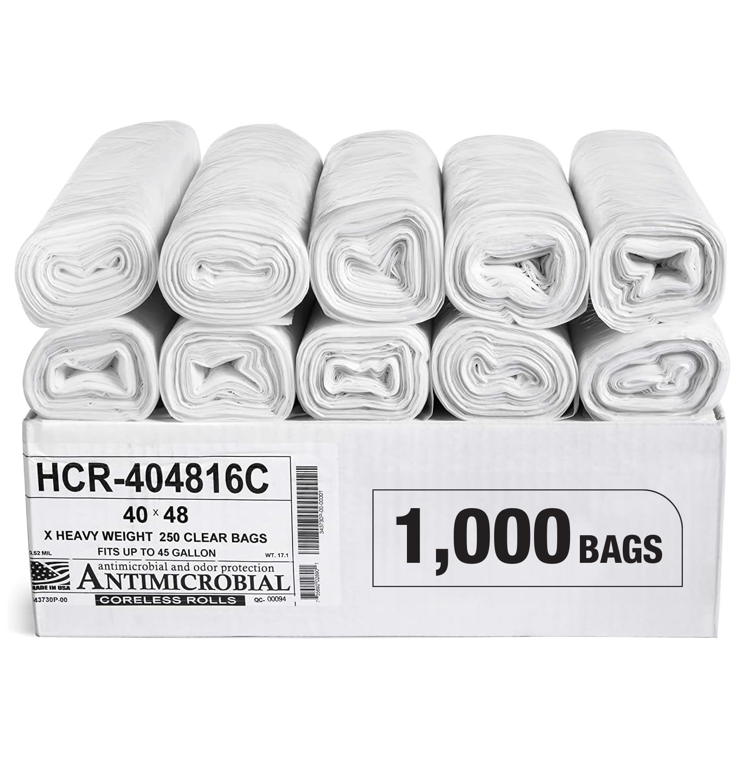 Aluf Plastics 45 Gallon 16 Micron (eq) Clear Trash Bags 40" x 48" 1000 Bags