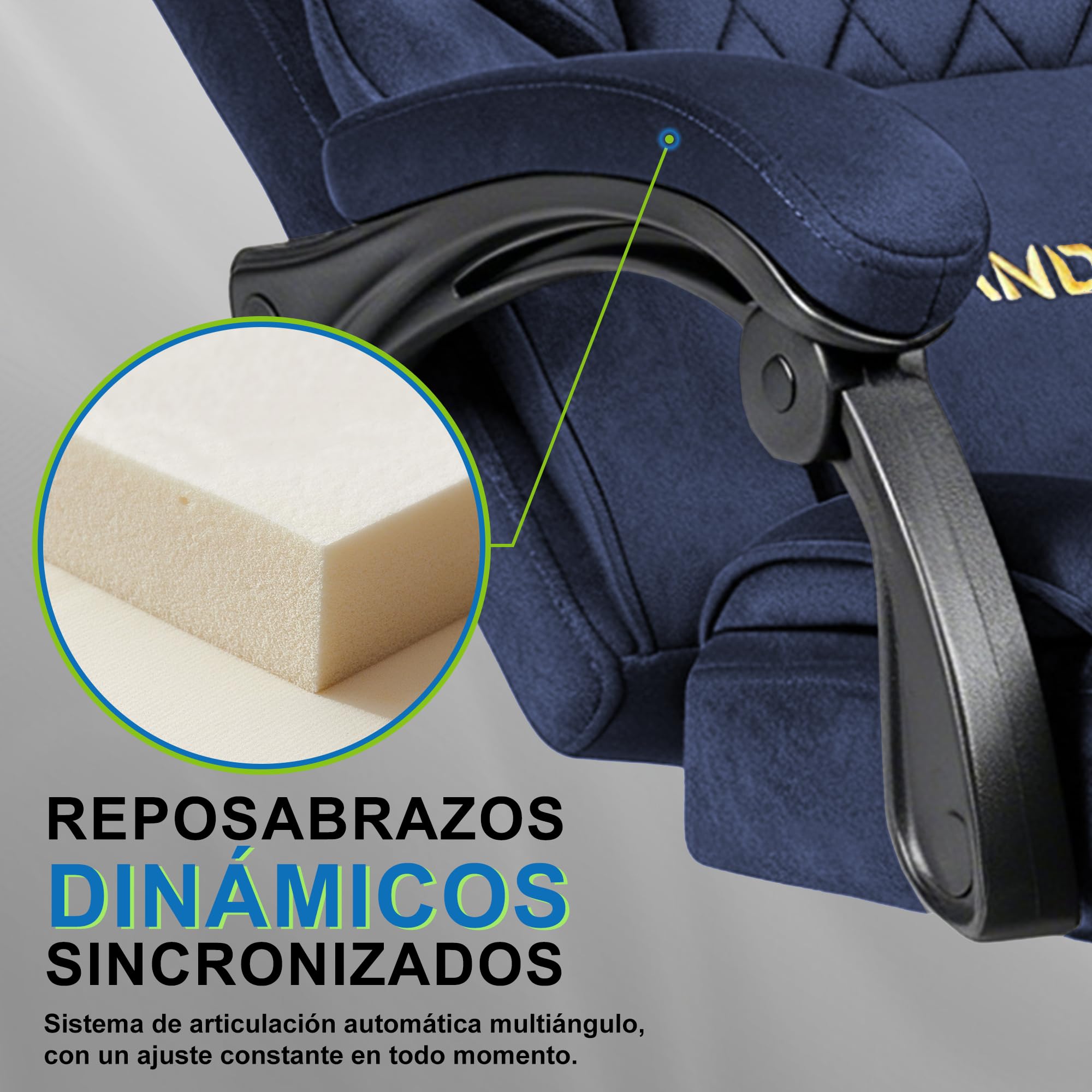 Andyou Silla Gaming con Reposapiés – ergonomica Silla Oficina, Respaldo 90-155° con Brazos Conectados, Tejido de Gamuza, Asiento de Muelles, Escritorio, hasta 150 kg, Azul Marino