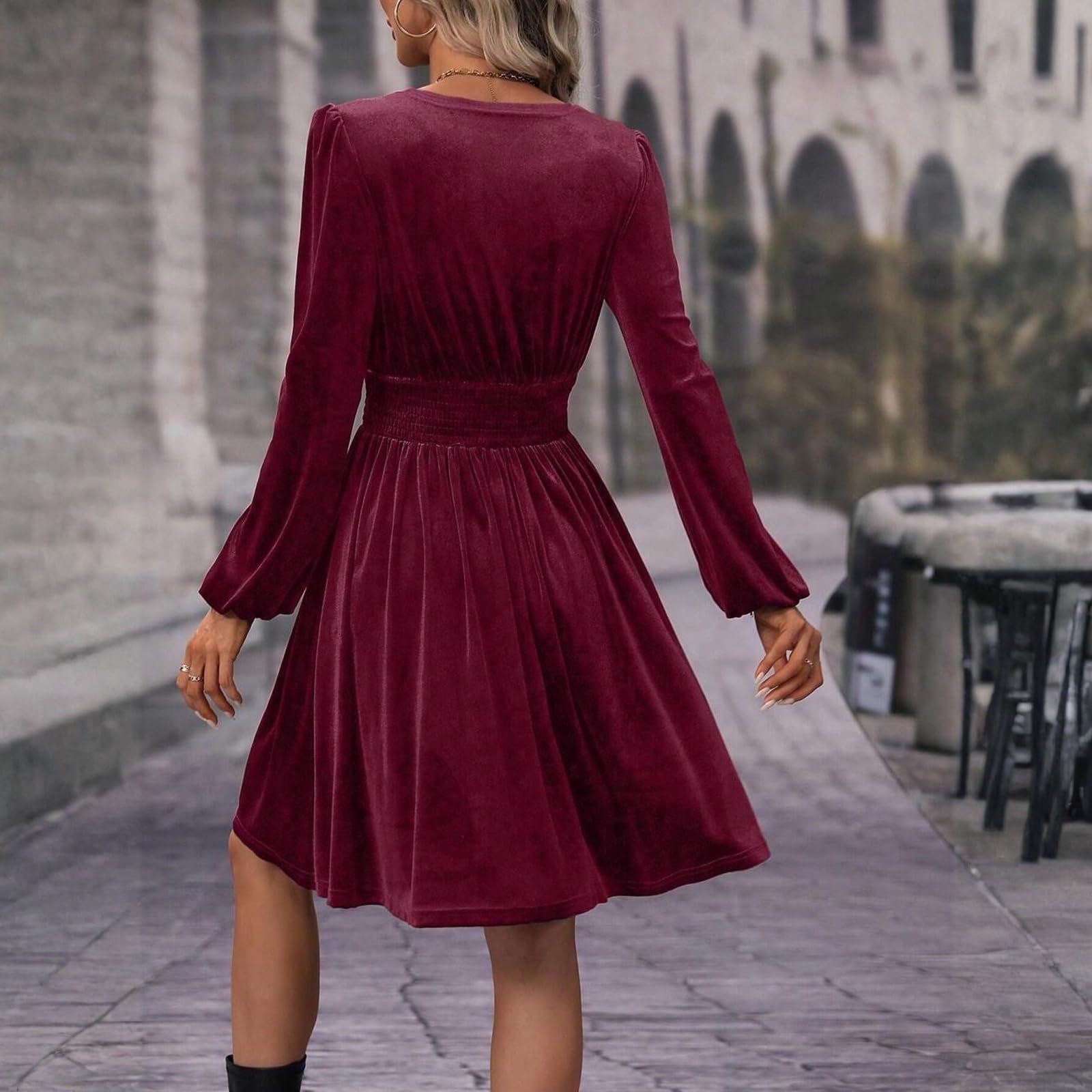 Midikleid Damen Elegant Curvy Festkleid A Linie Kleid V Ausschnitt Abendkleid Langarm Sommerkleid mit Ärmel Samtkleid Knielang Festliche Kleider für Hochzeit Cocktailkleid Hochzeitsgast