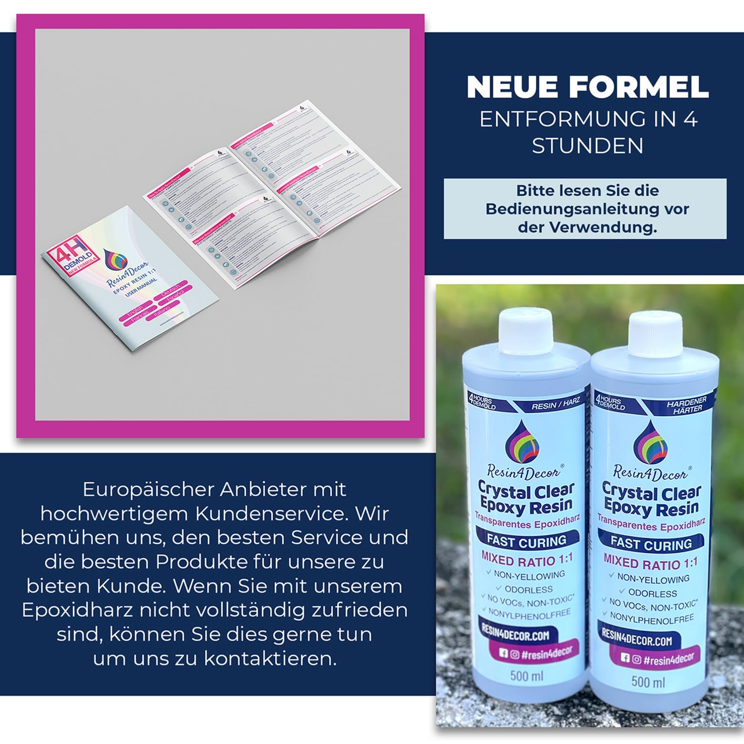 Schnell härtend Epoxidharz set (4h Entformzeit) RESIN4DECOR 1:1 Kristallklares Harz & Härter für Kunsthandwerk Schmuckherstellung Vergilbungsfrei Ungiftig Hochglanz Geruchlos Hitzebeständig - 3780ml