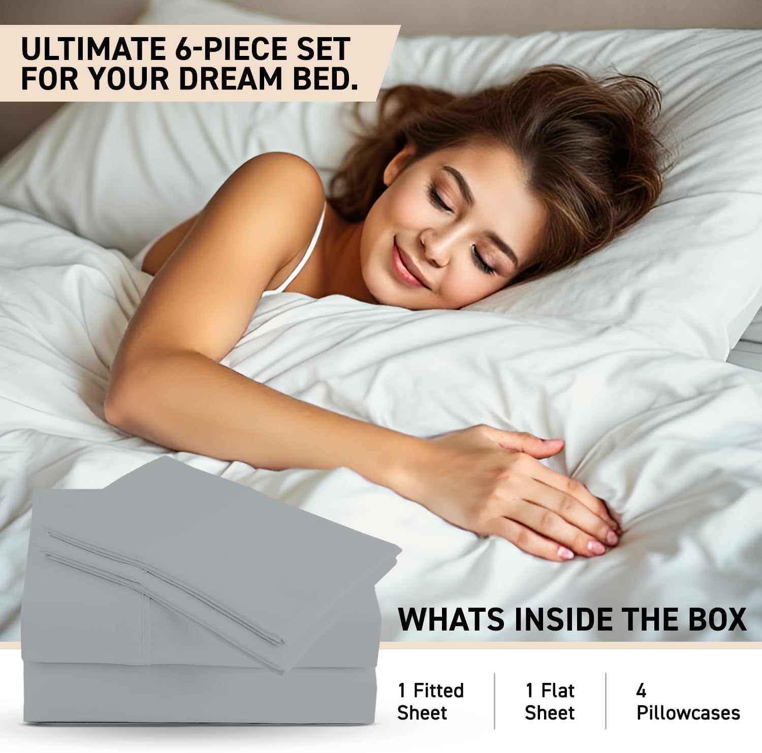 Luxury Egyptian Cotton Queen Size Sheet Set - 1000 Thread Count 6 Piece Queen Sheets with 4 Pillowcases, Soft, Cooling Sateen Weave Bed Sheets - Fits Upto 16” Deep Pocket - Light Gray