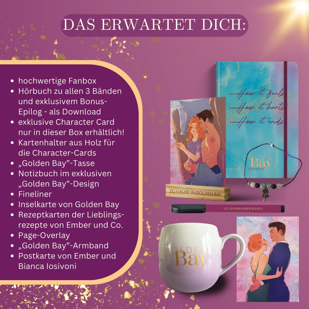 Golden Bay Fanbox: Caja de Regalo con audiolibro y capítulo de bonificación como Descarga, Tarjeta de Caracteres Exclusiva, Tarjetero, Taza, Cuaderno, Pulsera, etc. (New Adult Merchandise)