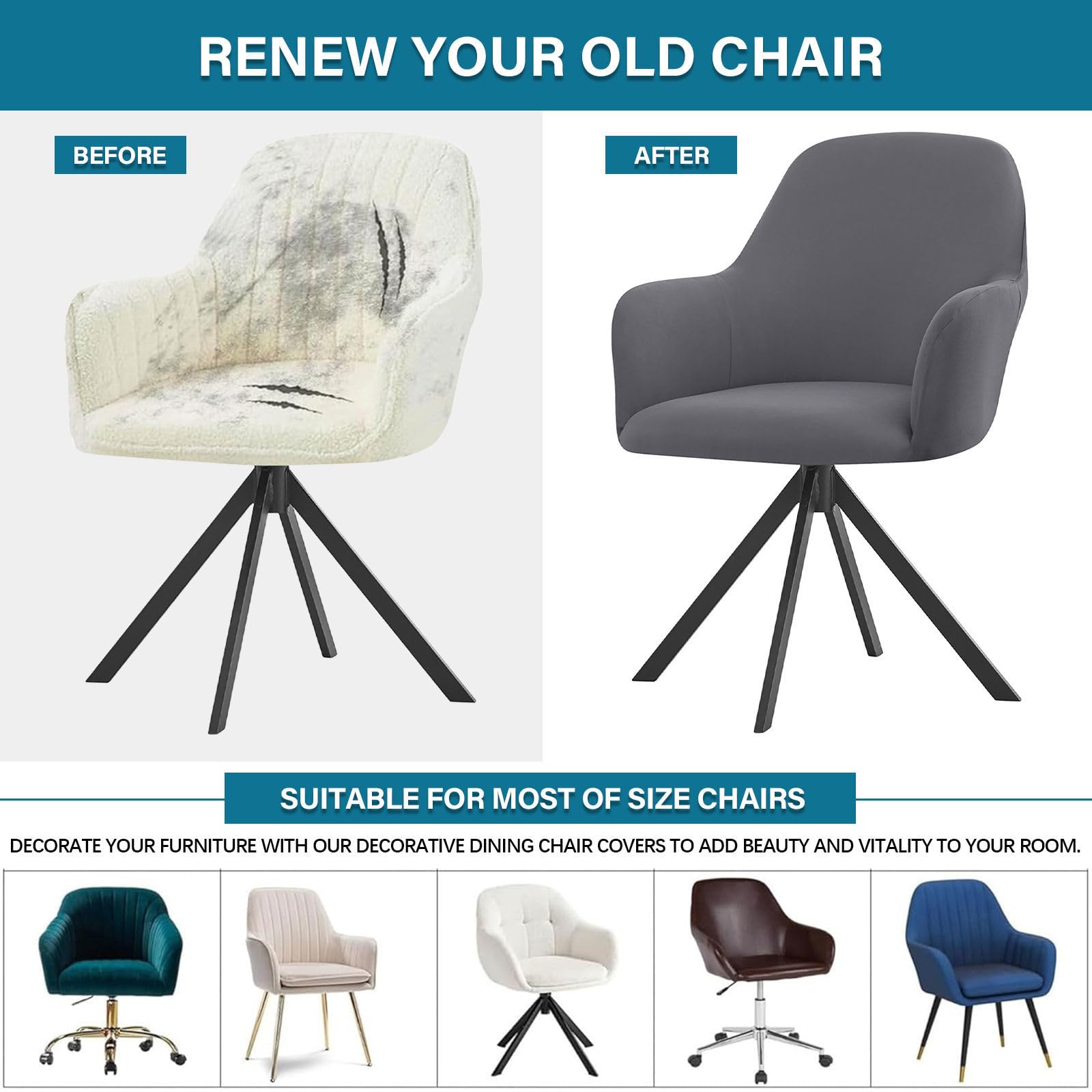 Coprisedie Con Schienale, Impermeabile Fodera Poltroncina Sala Pranzo Elasticizzato Girevole Fodere Coprisedia Per Sala Da Pranzo Stile Nordico Moderno-Grigio Scuro-4 Pezzi