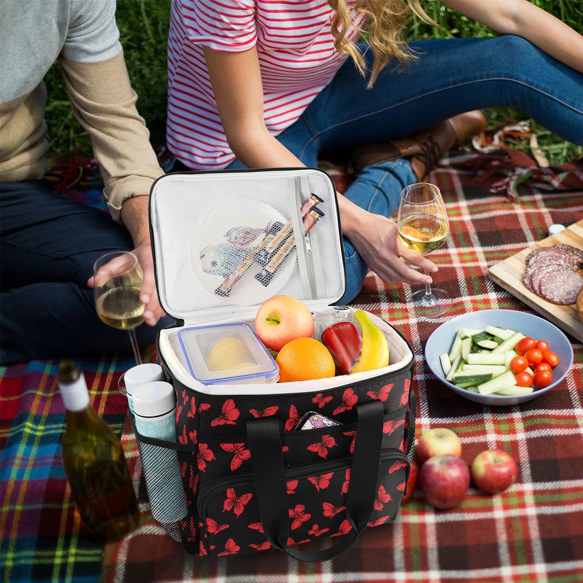 Bolsa de picnic de 15 L, 24 latas, bolsa de almuerzo aislada con mariposa, bolsas para viajes, camping, barbacoa, actividades al aire libre, asas, correa para el hombro