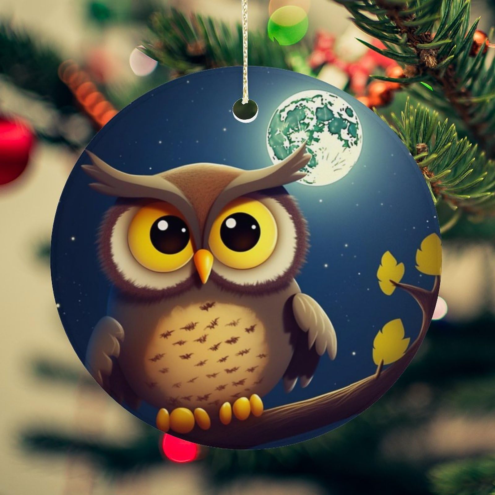 Owl and Yellow Moon Christmas Ornament for Christmas Tree Ceramic Round Ornament Winter Holiday Keepsake Gift 2.7" Christmas Tree Hanging Decorations Circle Ceramic Pendant Xmas Gift