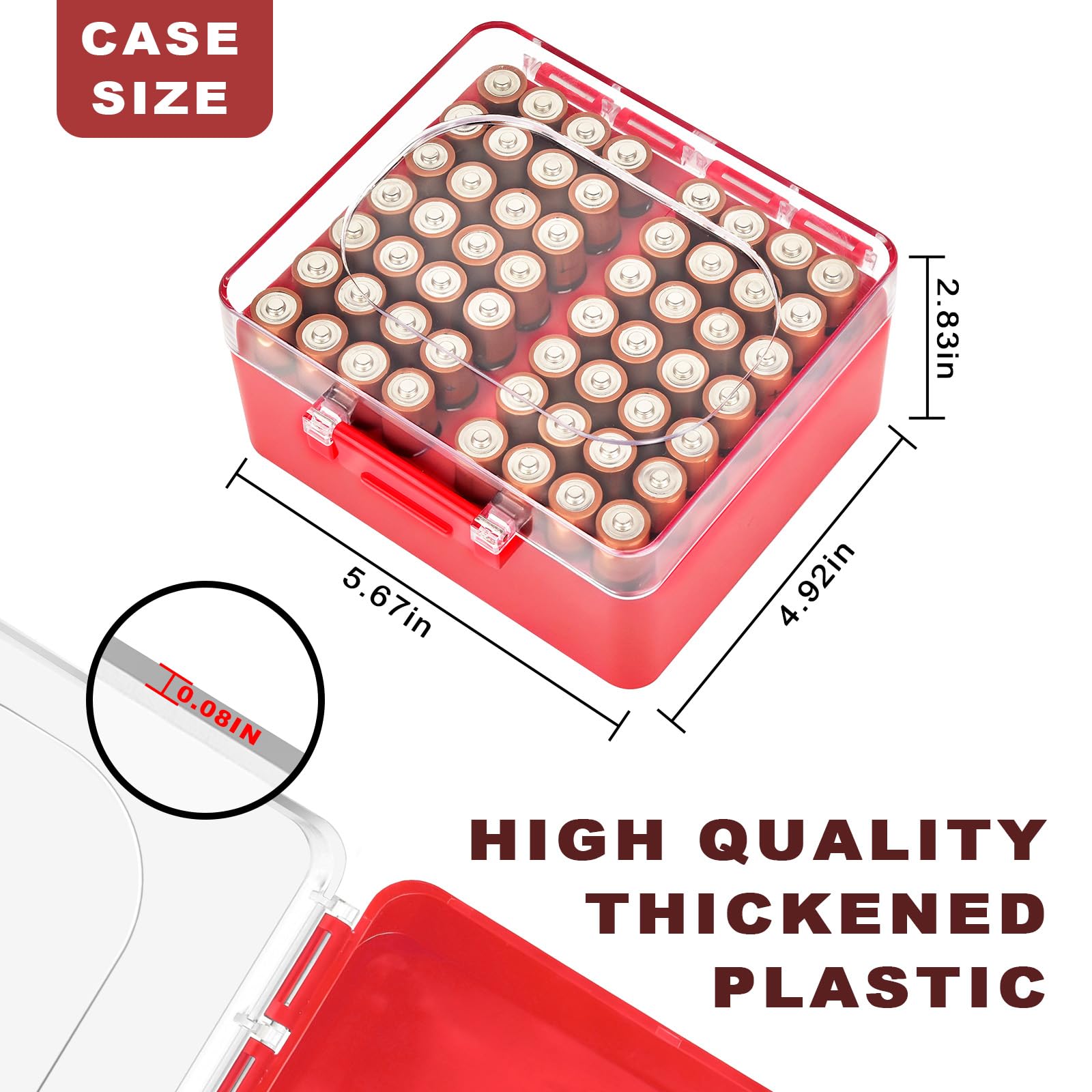 FULLCASE Battery Storage Organizer Box, Holder Container for 56 AA Batteries, Plastic Home Batteries Variety Pack Protective Organization(Case Only) Red — view 4