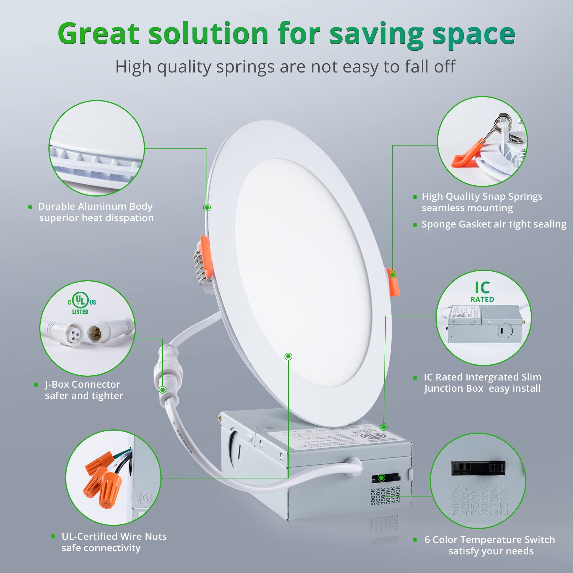 LEDIARY 20 Pack 6 Inch 6CCT Ultra Thin Recessed Lighting with Junction Box,2500K-5000K Selectable LED Recessed Ceiling Light,1100LM,12W =110W,Dimmable Recessed Light Fixtures - IC Rated, ETL