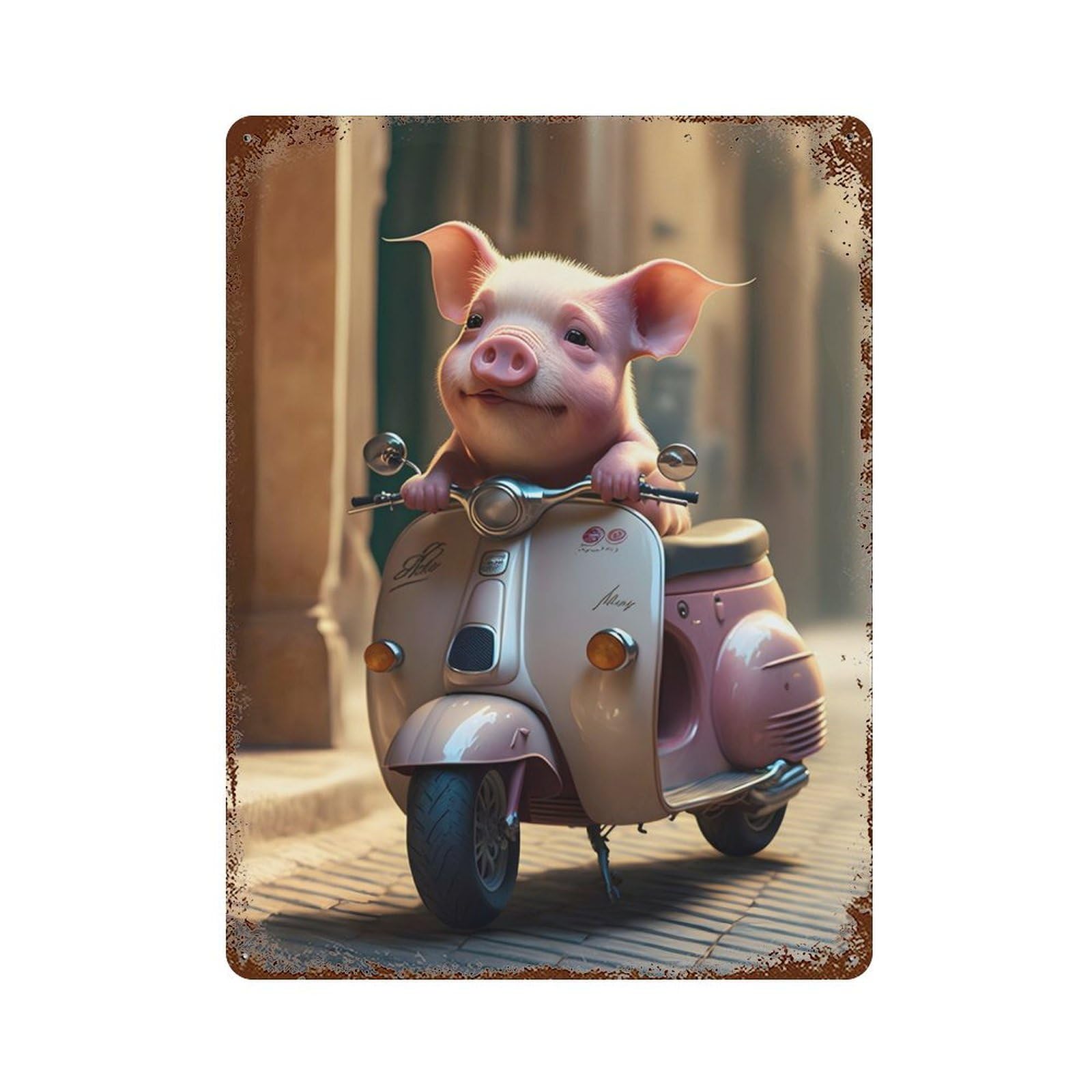 Distressed Metal Wall Sign Piglet Riding Scooter 15.7"x11.8", Vintage Wall Decor for Garage, Bar And Workshop Decor