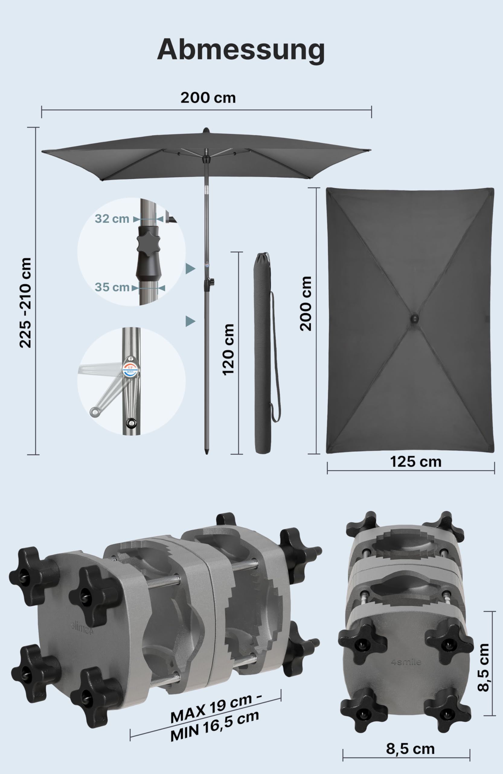 4smile SunnyShade Sonnenschirm Balkon mit Halterung im 3-er-Set, UV 50+, 200x125 cm, Anthrazit, Sonnenschirm rechteckig, Sonnenschutz Balkon, Balkonschirm mit Sonnenschirmhalter, für Balkongeländer
