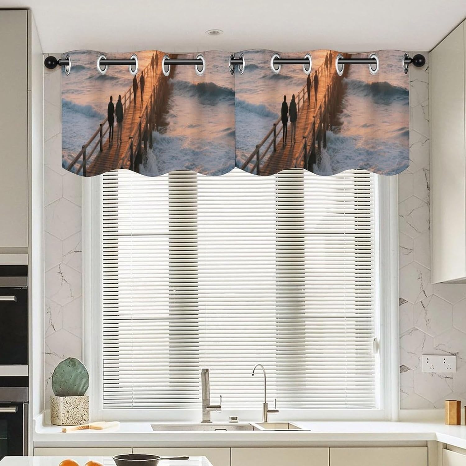 Beach Sunset Ocean Waves Valance for Windows, 2 Pack Kitchen Curtains Modern Home Decor, Soft Blackout Window Curtains for Living Room & Bedroom, 18 X 52 Inch