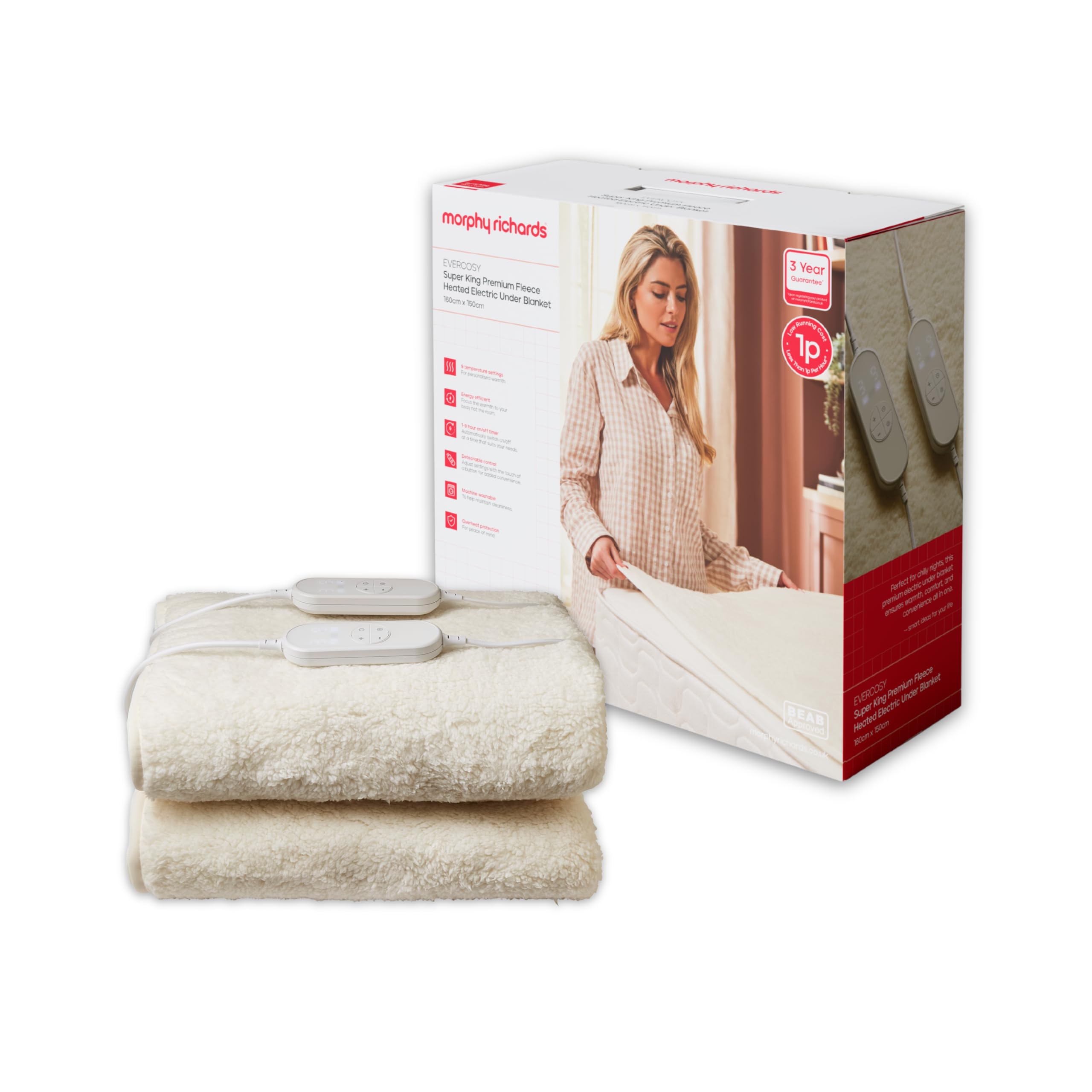 Morphy Richards Super King Premium Fleece Heated Electric Under Blanket - White