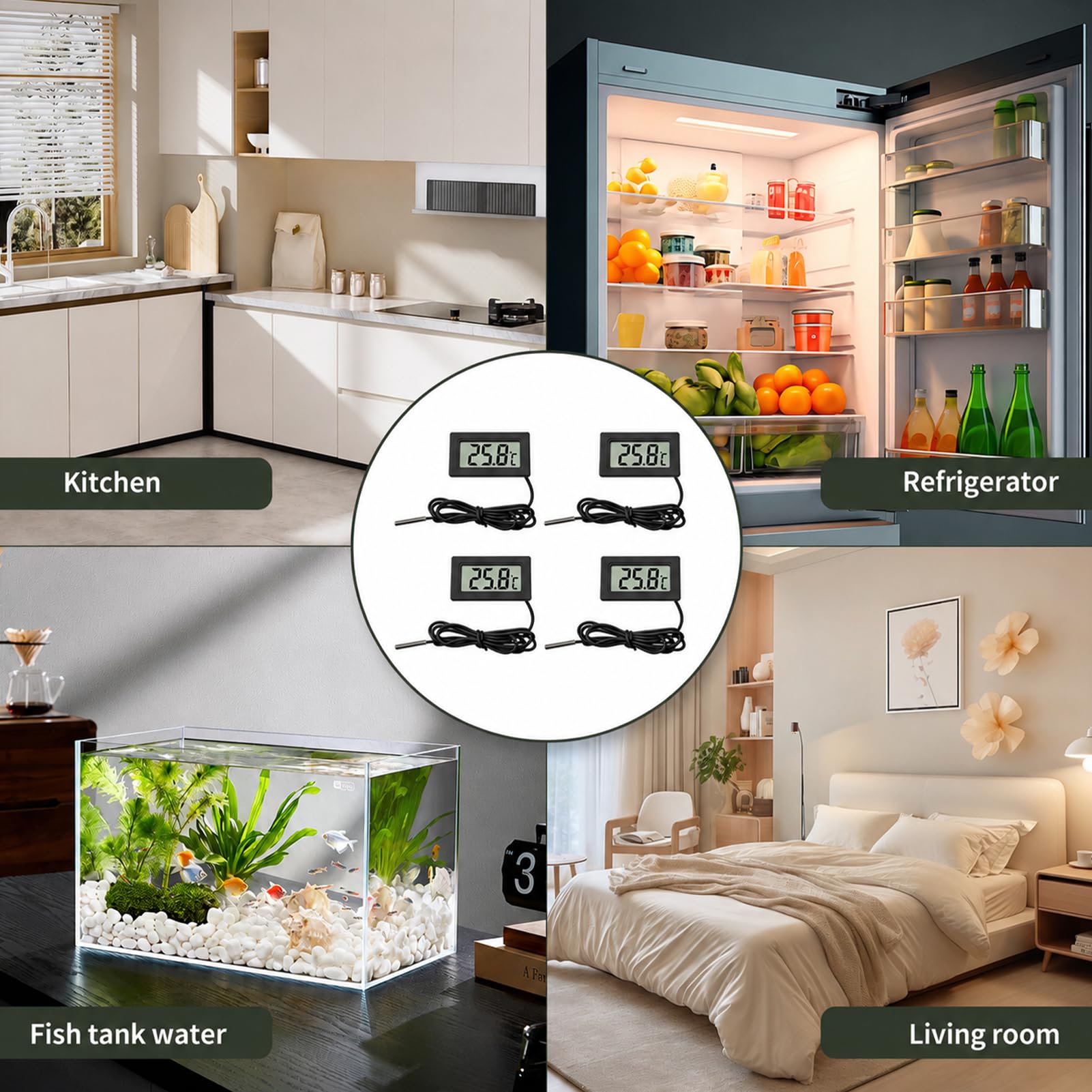 Digitales LCD-Digital-Thermometer mit externer Sonde, wasserdicht, für Kühlschrank, Gefrierschrank, Aquarium und andere Anwendungen, integriertes Thermo-Hygrometer, Temperaturbereich -50 °C bis 110 °C