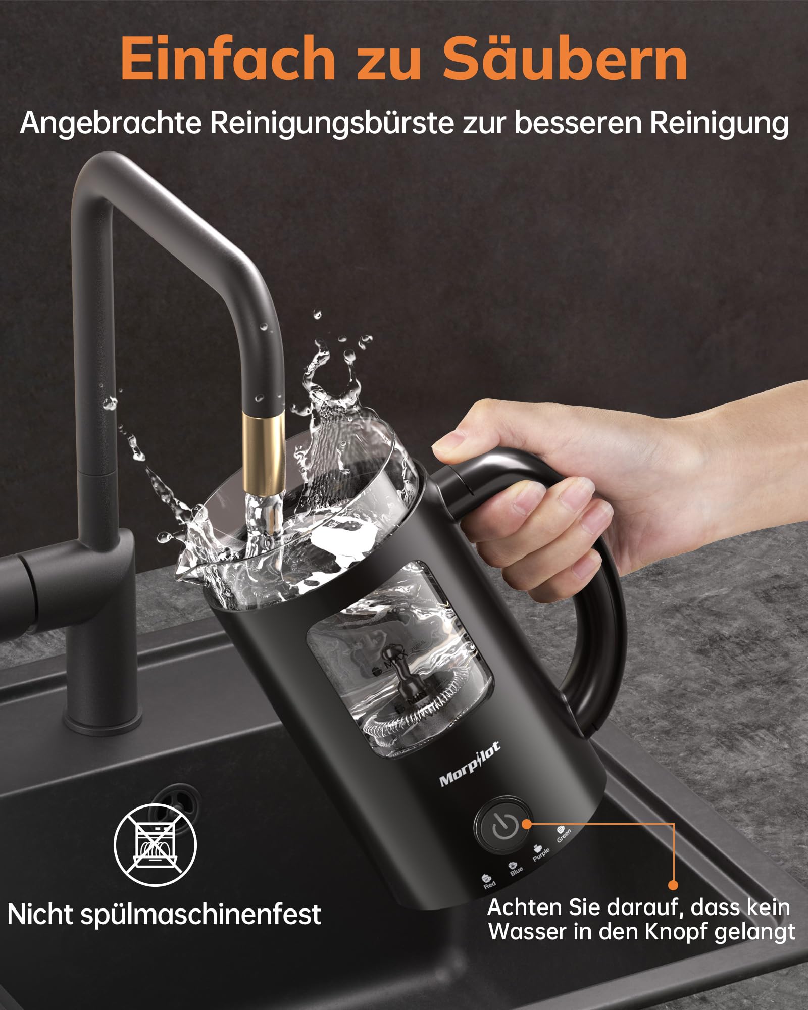 Morpilot Montalatte elettrico, 130-600 ml, 550 W, montalatte 4 in 1, per acqua calda e fredda, vetro visivo, design latte, nero