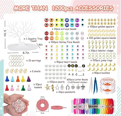 Miniatura 3 de MIIIM Kit de pulsera de cuentas de arcilla de 15600 piezas con torre de árbol de joyería, 5 cajas de pulsera, cuentas de arcilla polimérica para