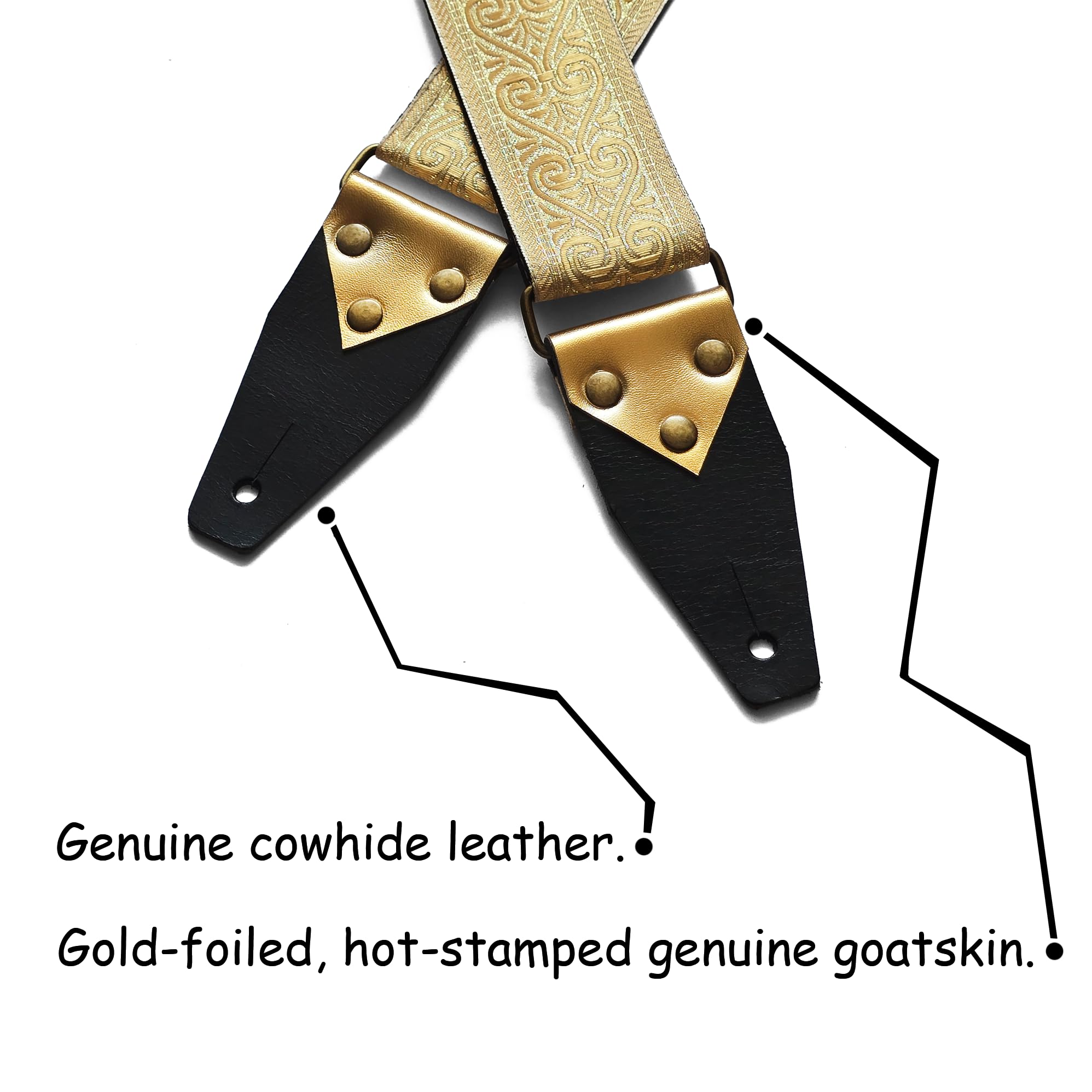 Goldener Gitarrengurt mit Plektrumhalter, Premium Gitarrengurt, E-Gitarrengurt, Lederenden, Vintage Design