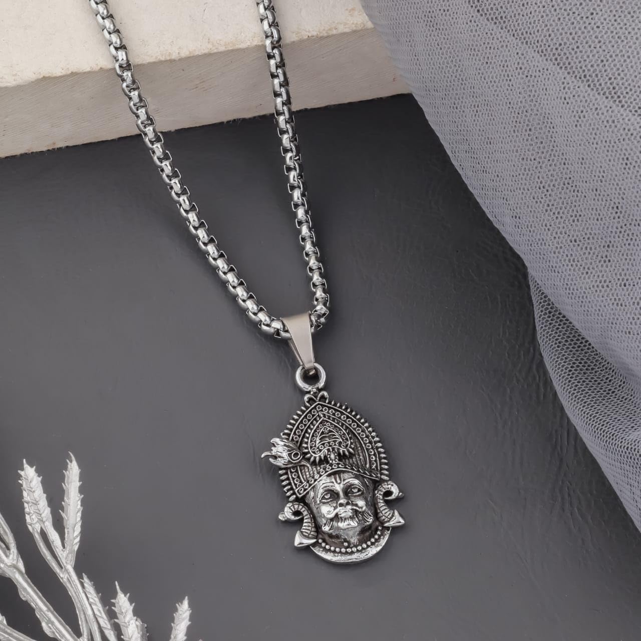 DIVISHA Silver Oxidised Khatu Shyam JI Pendant Chain for Men & Women | Antique Finish Religious Necklace | Oxidised Brass Temple Jewelry | Ethnic Spiritual Pendant Chain for Daily 2